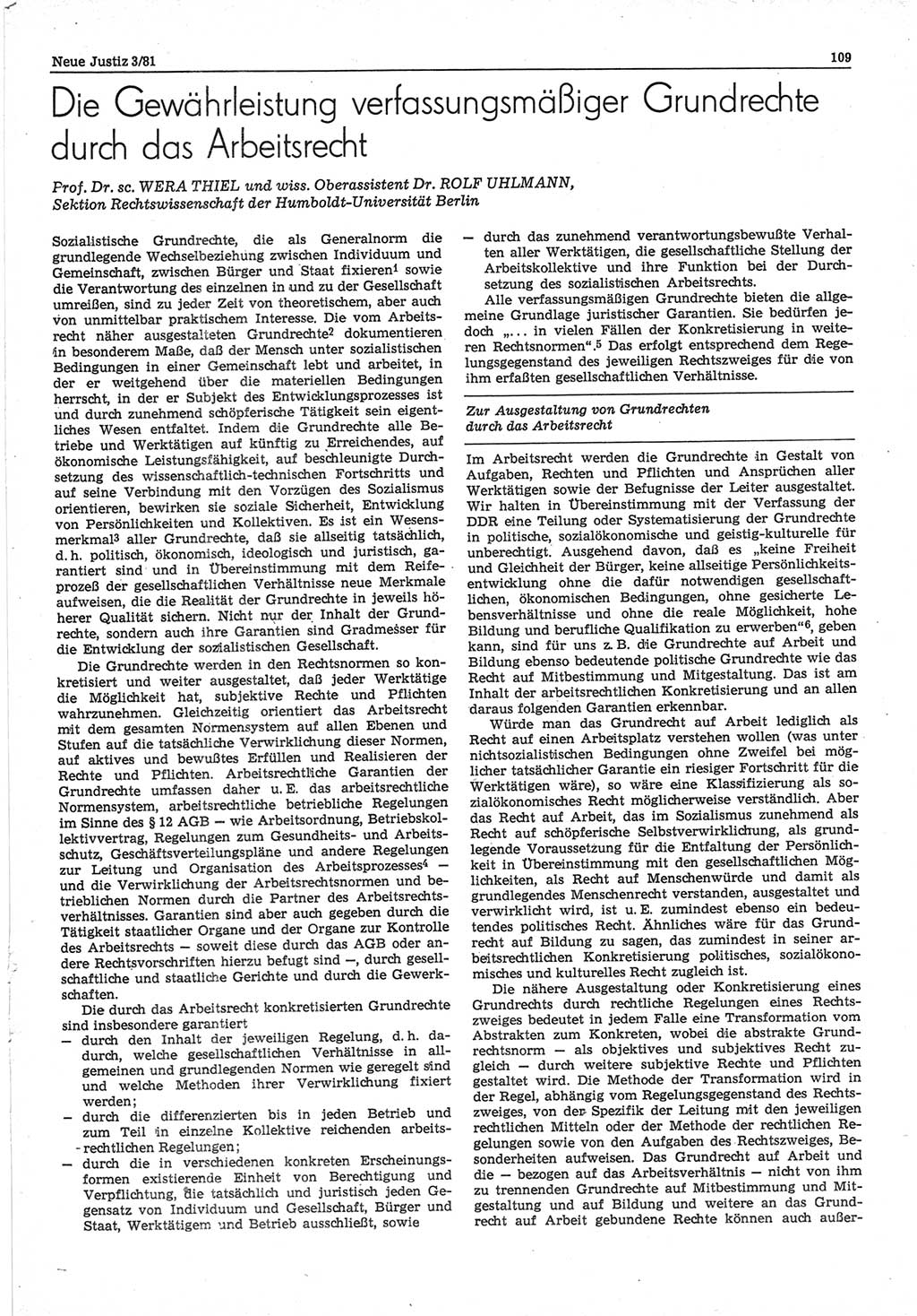 Neue Justiz (NJ), Zeitschrift für sozialistisches Recht und Gesetzlichkeit [Deutsche Demokratische Republik (DDR)], 35. Jahrgang 1981, Seite 109 (NJ DDR 1981, S. 109)