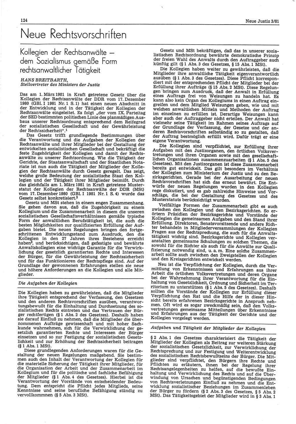 Neue Justiz (NJ), Zeitschrift für sozialistisches Recht und Gesetzlichkeit [Deutsche Demokratische Republik (DDR)], 35. Jahrgang 1981, Seite 124 (NJ DDR 1981, S. 124)