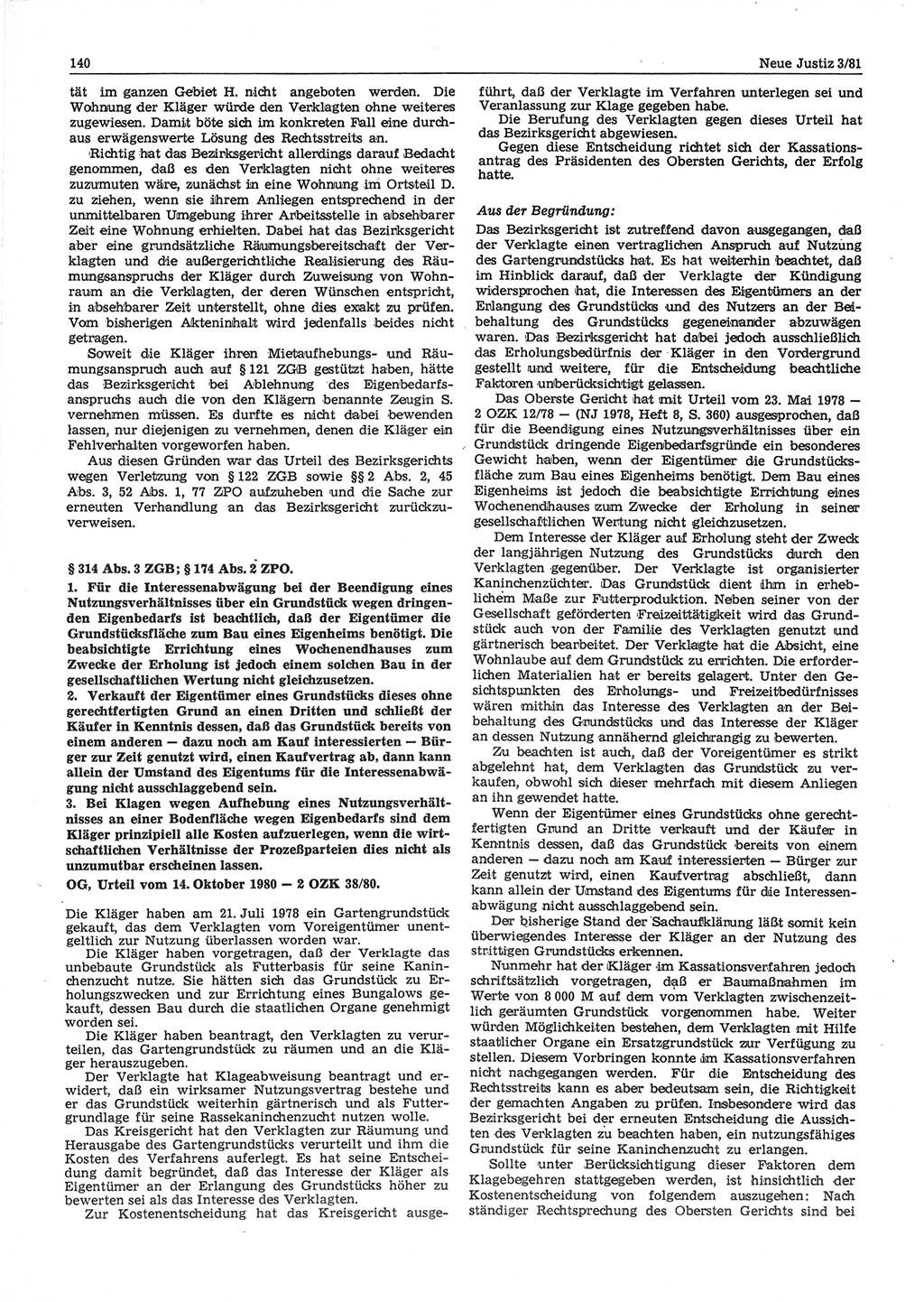Neue Justiz (NJ), Zeitschrift für sozialistisches Recht und Gesetzlichkeit [Deutsche Demokratische Republik (DDR)], 35. Jahrgang 1981, Seite 140 (NJ DDR 1981, S. 140)