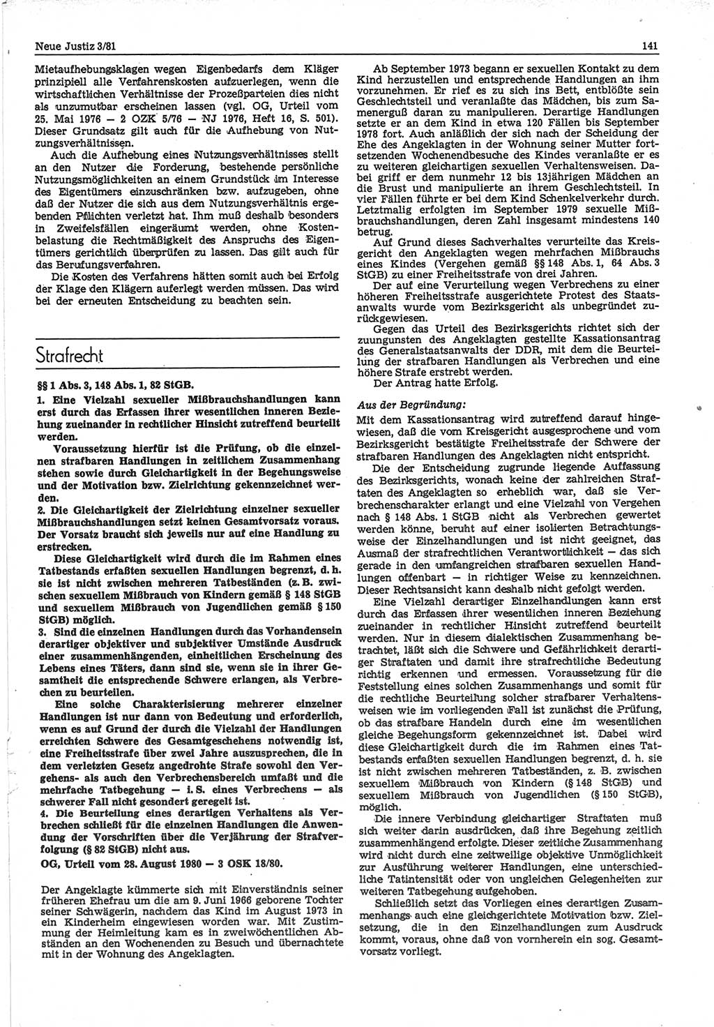 Neue Justiz (NJ), Zeitschrift für sozialistisches Recht und Gesetzlichkeit [Deutsche Demokratische Republik (DDR)], 35. Jahrgang 1981, Seite 141 (NJ DDR 1981, S. 141)