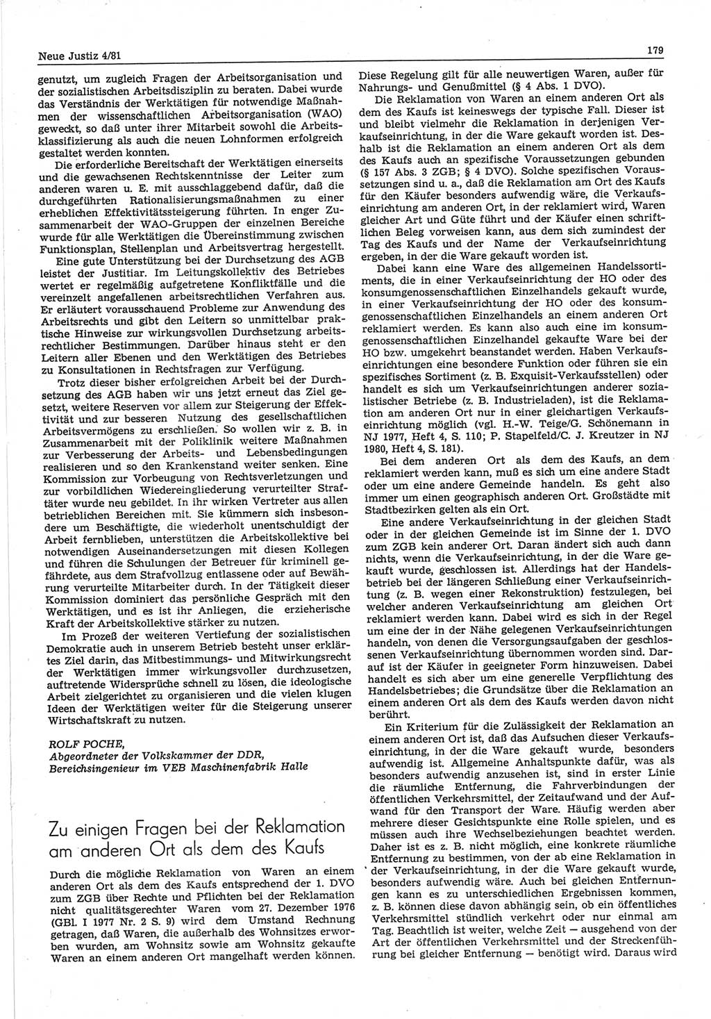 Neue Justiz (NJ), Zeitschrift für sozialistisches Recht und Gesetzlichkeit [Deutsche Demokratische Republik (DDR)], 35. Jahrgang 1981, Seite 179 (NJ DDR 1981, S. 179)