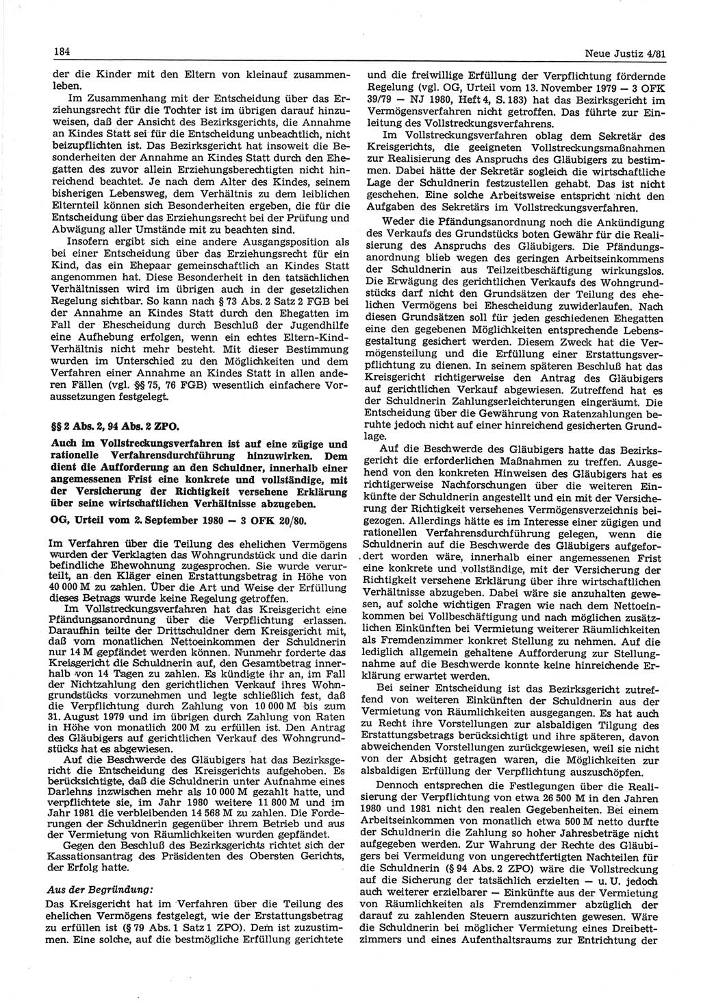 Neue Justiz (NJ), Zeitschrift für sozialistisches Recht und Gesetzlichkeit [Deutsche Demokratische Republik (DDR)], 35. Jahrgang 1981, Seite 184 (NJ DDR 1981, S. 184)