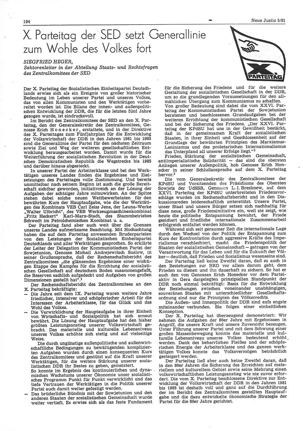 Neue Justiz (NJ), Zeitschrift für sozialistisches Recht und Gesetzlichkeit [Deutsche Demokratische Republik (DDR)], 35. Jahrgang 1981, Seite 194 (NJ DDR 1981, S. 194)