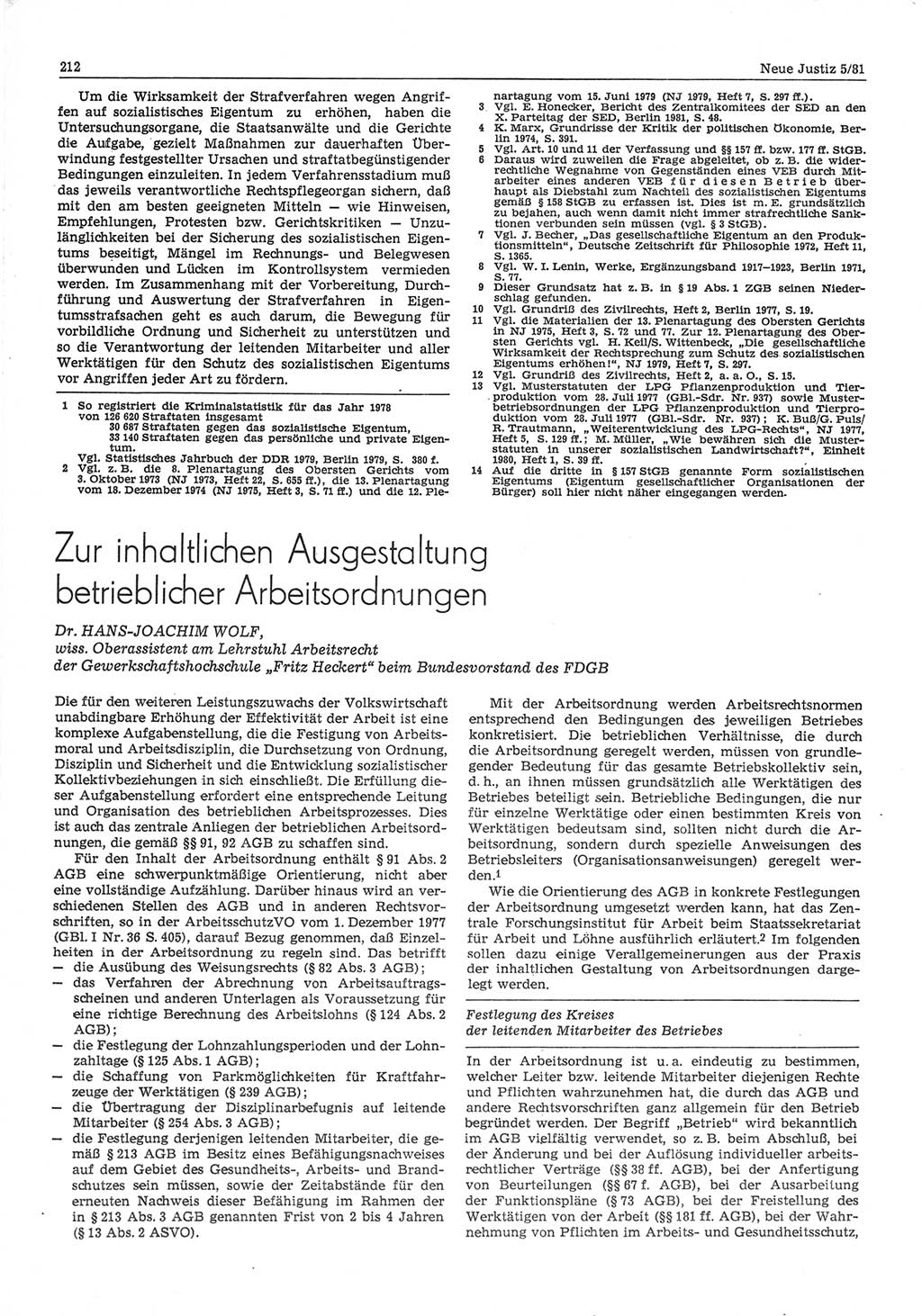Neue Justiz (NJ), Zeitschrift für sozialistisches Recht und Gesetzlichkeit [Deutsche Demokratische Republik (DDR)], 35. Jahrgang 1981, Seite 212 (NJ DDR 1981, S. 212)