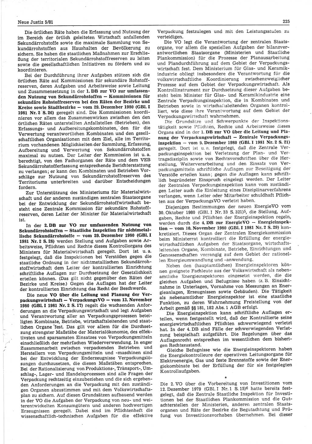 Neue Justiz (NJ), Zeitschrift für sozialistisches Recht und Gesetzlichkeit [Deutsche Demokratische Republik (DDR)], 35. Jahrgang 1981, Seite 225 (NJ DDR 1981, S. 225)