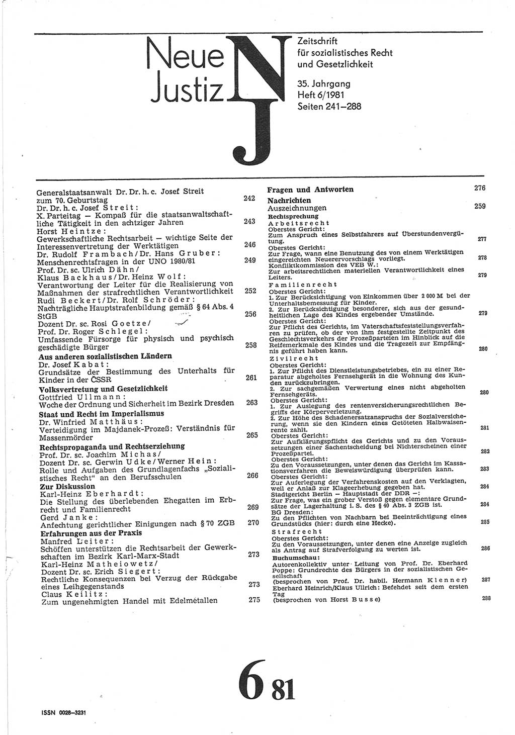 Neue Justiz (NJ), Zeitschrift für sozialistisches Recht und Gesetzlichkeit [Deutsche Demokratische Republik (DDR)], 35. Jahrgang 1981, Seite 241 (NJ DDR 1981, S. 241)
