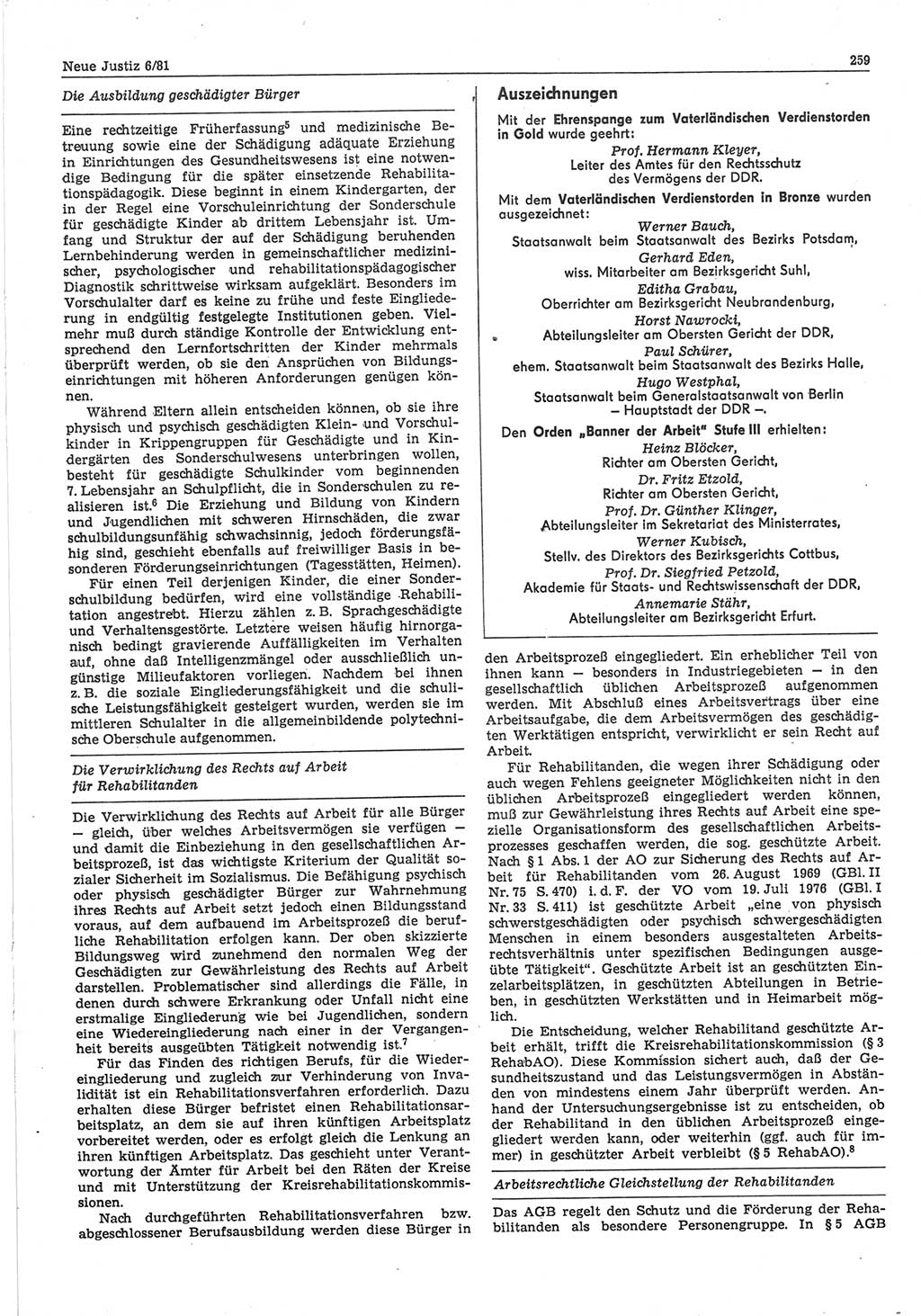 Neue Justiz (NJ), Zeitschrift für sozialistisches Recht und Gesetzlichkeit [Deutsche Demokratische Republik (DDR)], 35. Jahrgang 1981, Seite 259 (NJ DDR 1981, S. 259)