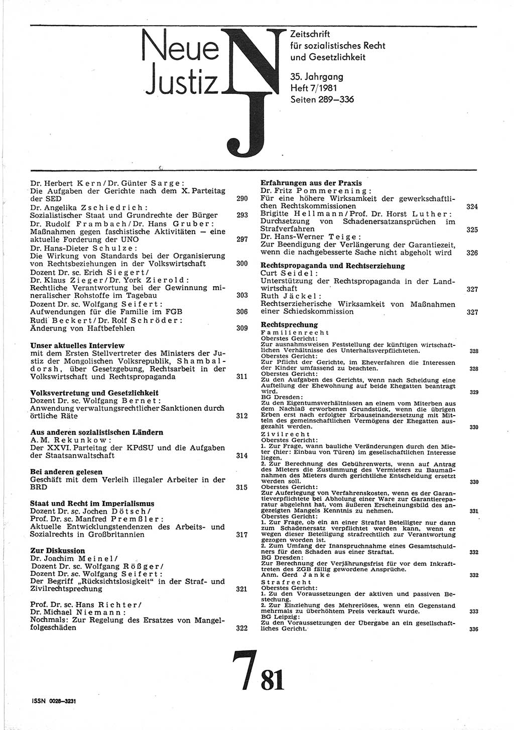 Neue Justiz (NJ), Zeitschrift für sozialistisches Recht und Gesetzlichkeit [Deutsche Demokratische Republik (DDR)], 35. Jahrgang 1981, Seite 289 (NJ DDR 1981, S. 289)