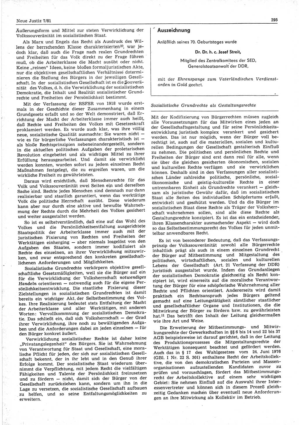 Neue Justiz (NJ), Zeitschrift für sozialistisches Recht und Gesetzlichkeit [Deutsche Demokratische Republik (DDR)], 35. Jahrgang 1981, Seite 295 (NJ DDR 1981, S. 295)