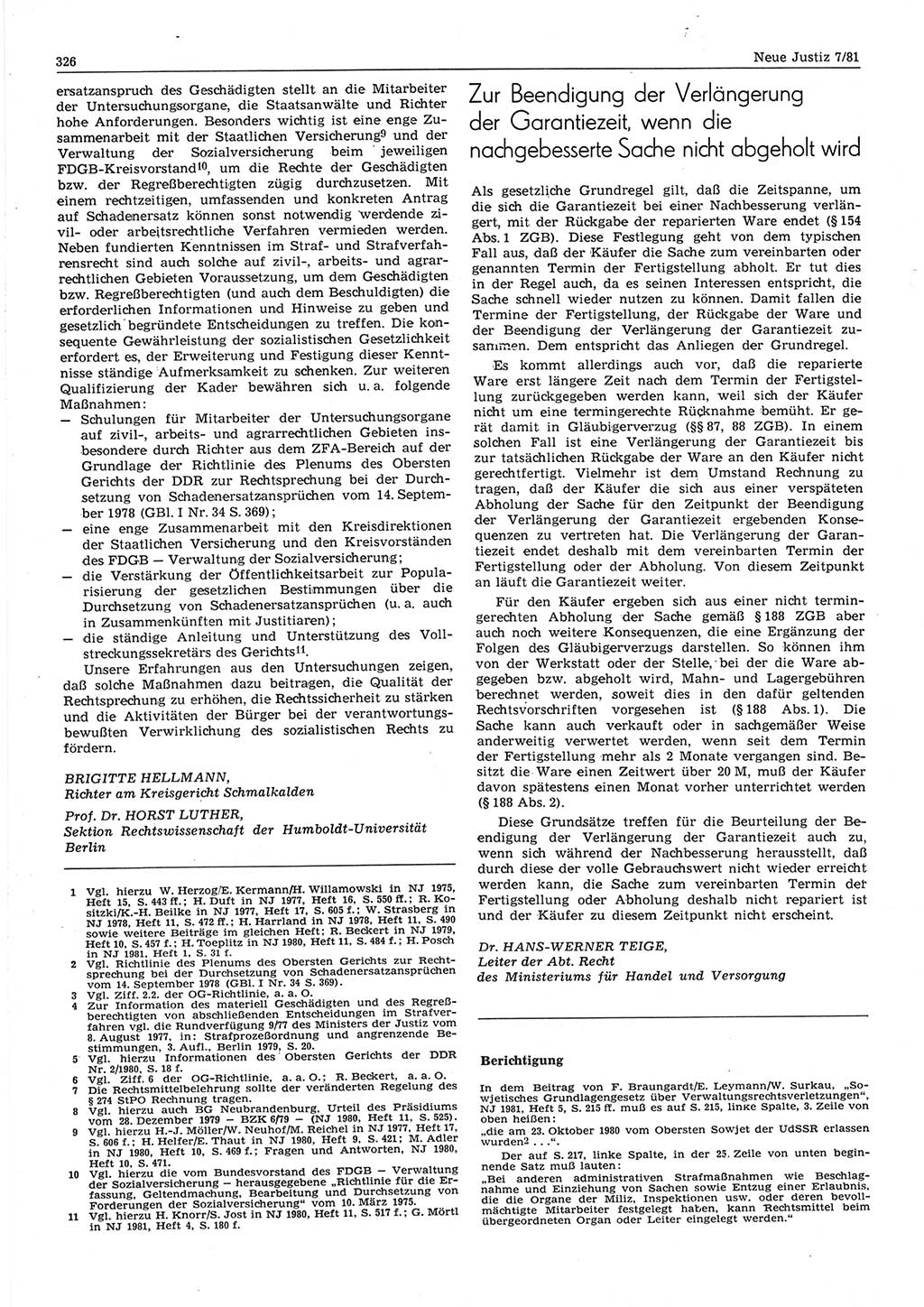 Neue Justiz (NJ), Zeitschrift für sozialistisches Recht und Gesetzlichkeit [Deutsche Demokratische Republik (DDR)], 35. Jahrgang 1981, Seite 326 (NJ DDR 1981, S. 326)