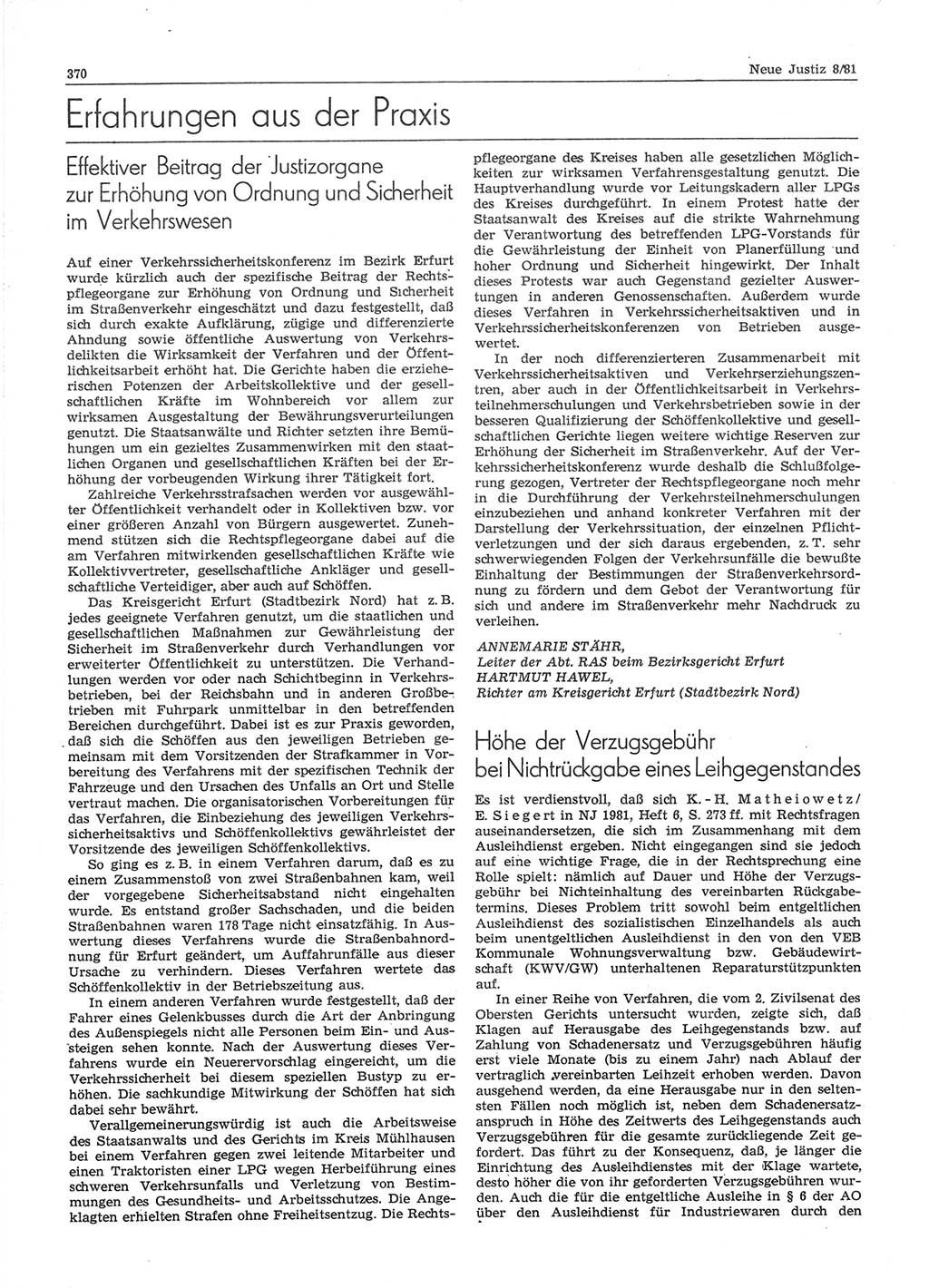 Neue Justiz (NJ), Zeitschrift für sozialistisches Recht und Gesetzlichkeit [Deutsche Demokratische Republik (DDR)], 35. Jahrgang 1981, Seite 370 (NJ DDR 1981, S. 370)