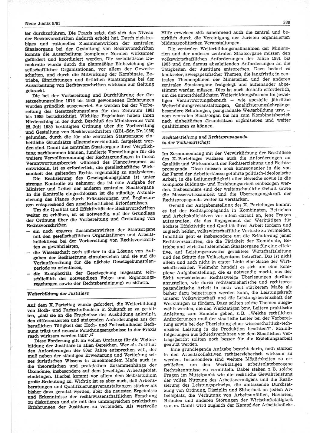 Neue Justiz (NJ), Zeitschrift für sozialistisches Recht und Gesetzlichkeit [Deutsche Demokratische Republik (DDR)], 35. Jahrgang 1981, Seite 389 (NJ DDR 1981, S. 389)