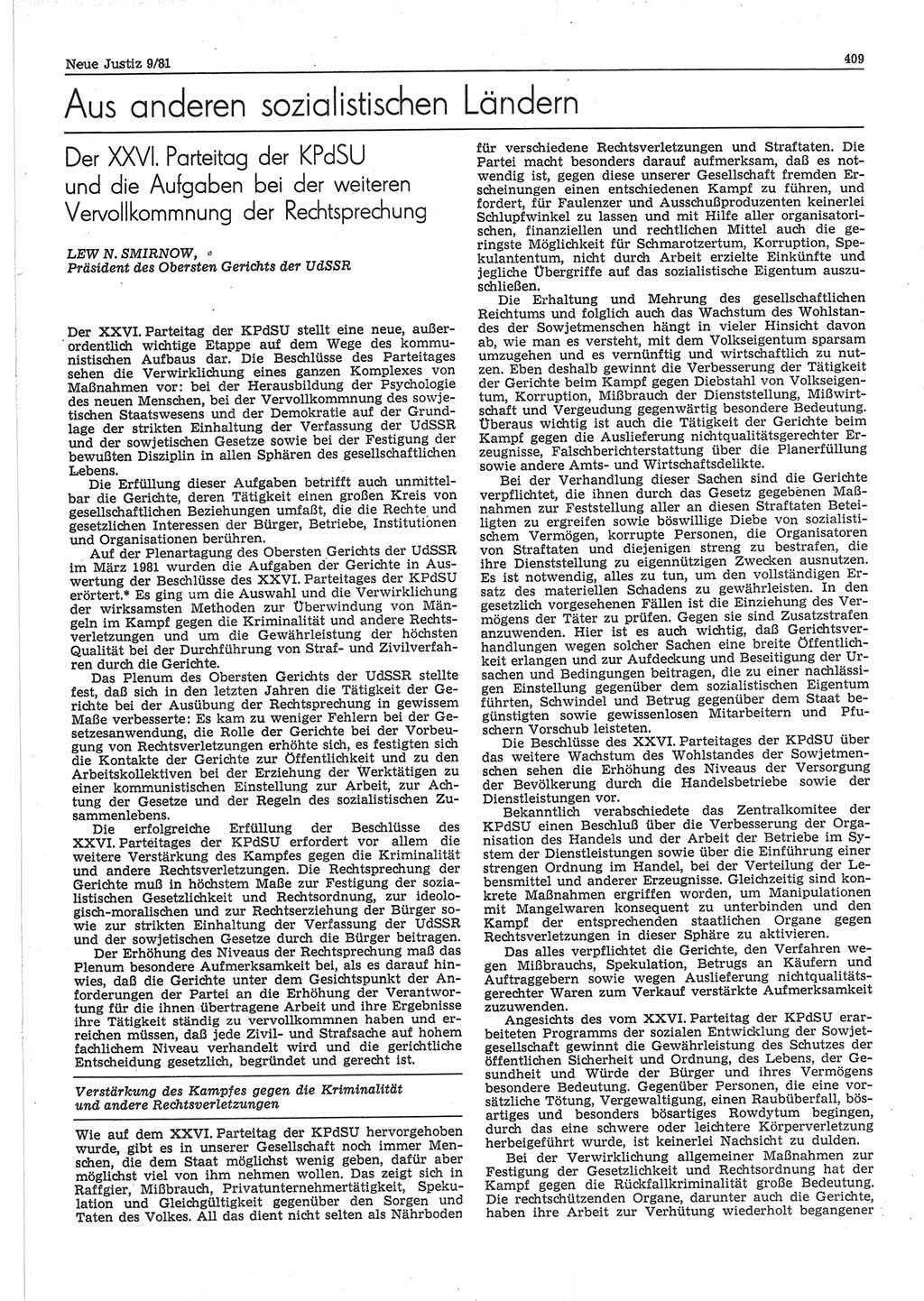 Neue Justiz (NJ), Zeitschrift für sozialistisches Recht und Gesetzlichkeit [Deutsche Demokratische Republik (DDR)], 35. Jahrgang 1981, Seite 409 (NJ DDR 1981, S. 409)