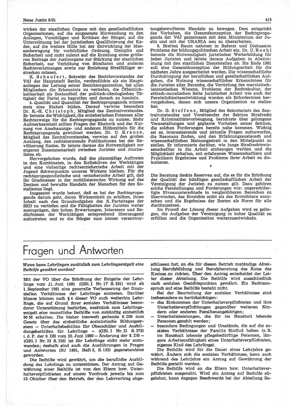 Neue Justiz (NJ), Zeitschrift für sozialistisches Recht und Gesetzlichkeit [Deutsche Demokratische Republik (DDR)], 35. Jahrgang 1981, Seite 415 (NJ DDR 1981, S. 415)