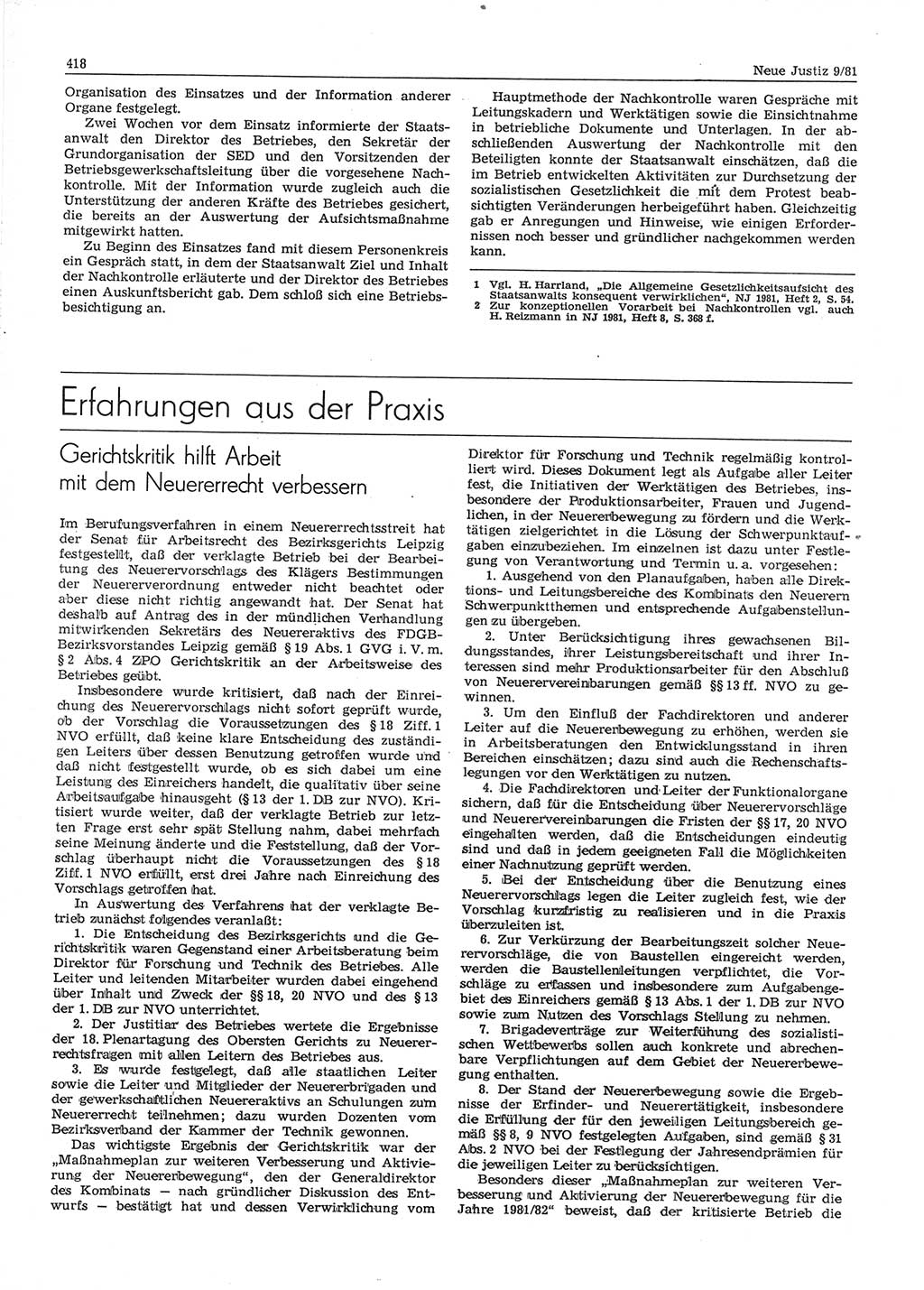 Neue Justiz (NJ), Zeitschrift für sozialistisches Recht und Gesetzlichkeit [Deutsche Demokratische Republik (DDR)], 35. Jahrgang 1981, Seite 418 (NJ DDR 1981, S. 418)