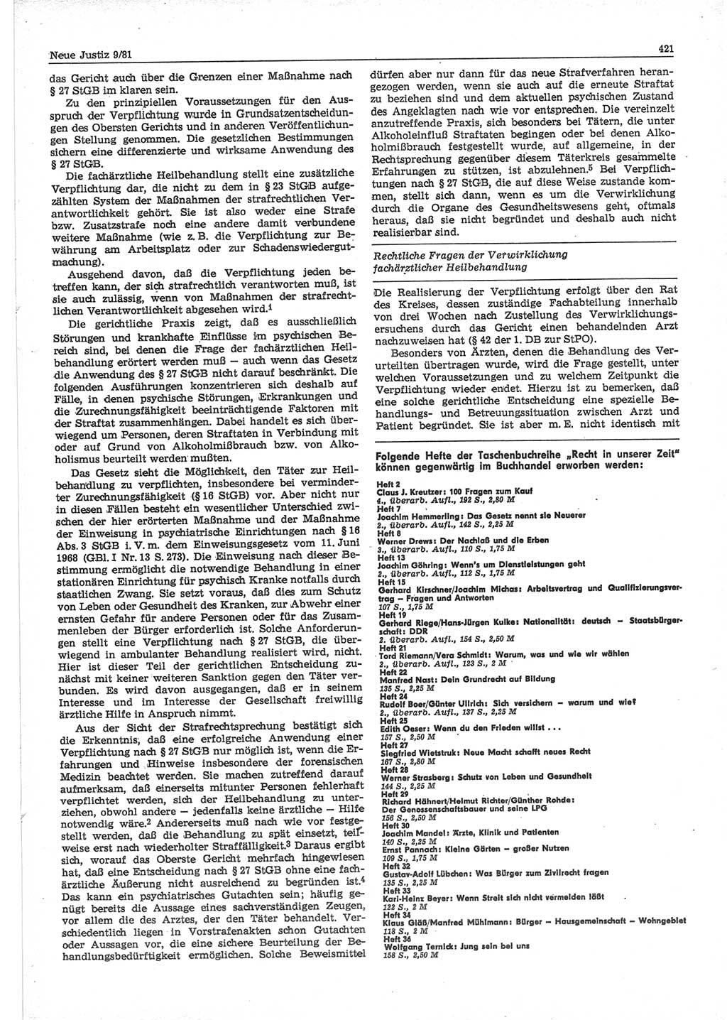 Neue Justiz (NJ), Zeitschrift für sozialistisches Recht und Gesetzlichkeit [Deutsche Demokratische Republik (DDR)], 35. Jahrgang 1981, Seite 421 (NJ DDR 1981, S. 421)