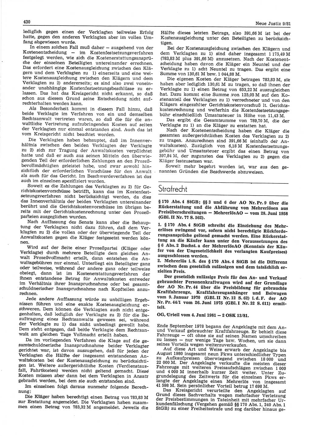 Neue Justiz (NJ), Zeitschrift für sozialistisches Recht und Gesetzlichkeit [Deutsche Demokratische Republik (DDR)], 35. Jahrgang 1981, Seite 430 (NJ DDR 1981, S. 430)