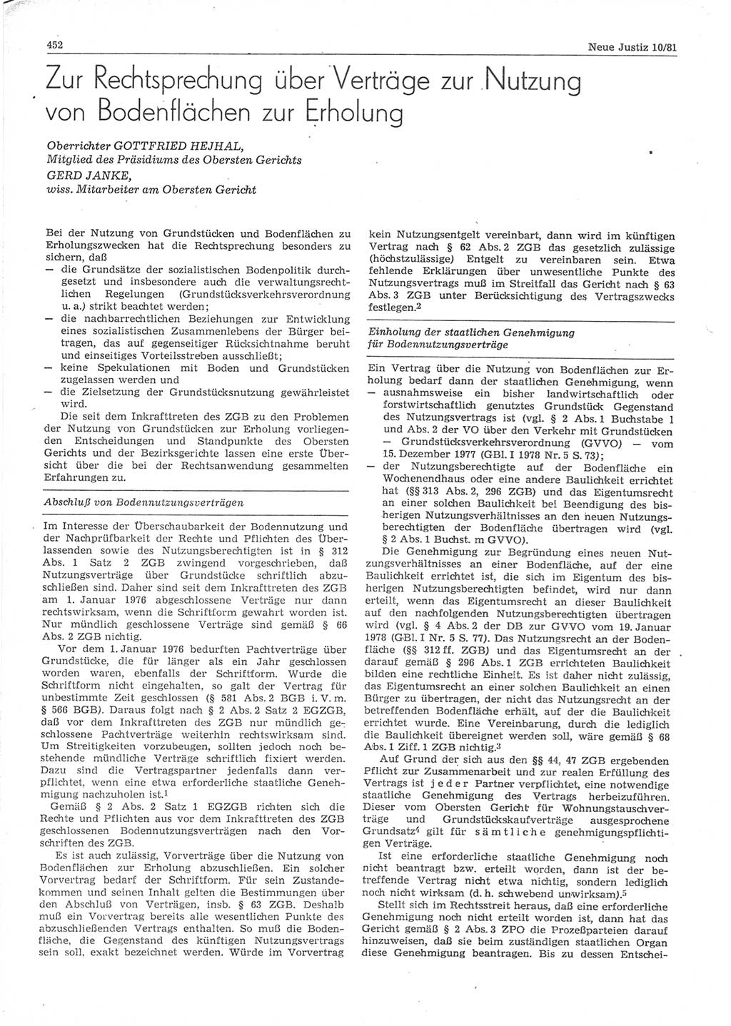 Neue Justiz (NJ), Zeitschrift für sozialistisches Recht und Gesetzlichkeit [Deutsche Demokratische Republik (DDR)], 35. Jahrgang 1981, Seite 452 (NJ DDR 1981, S. 452)
