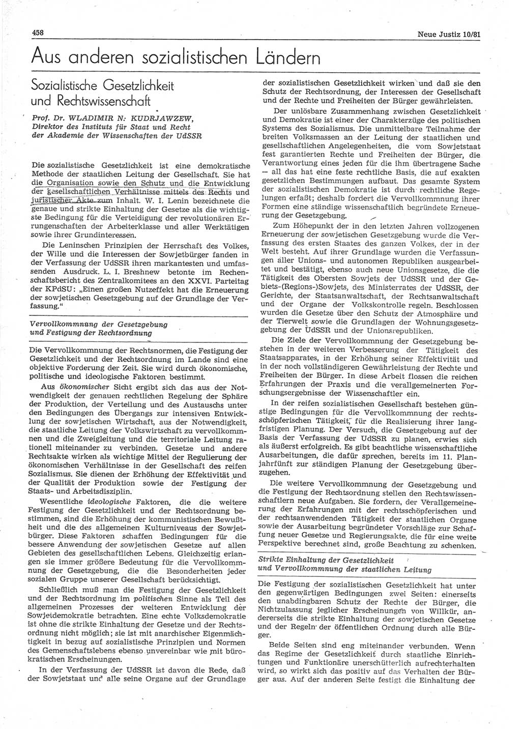 Neue Justiz (NJ), Zeitschrift für sozialistisches Recht und Gesetzlichkeit [Deutsche Demokratische Republik (DDR)], 35. Jahrgang 1981, Seite 458 (NJ DDR 1981, S. 458)
