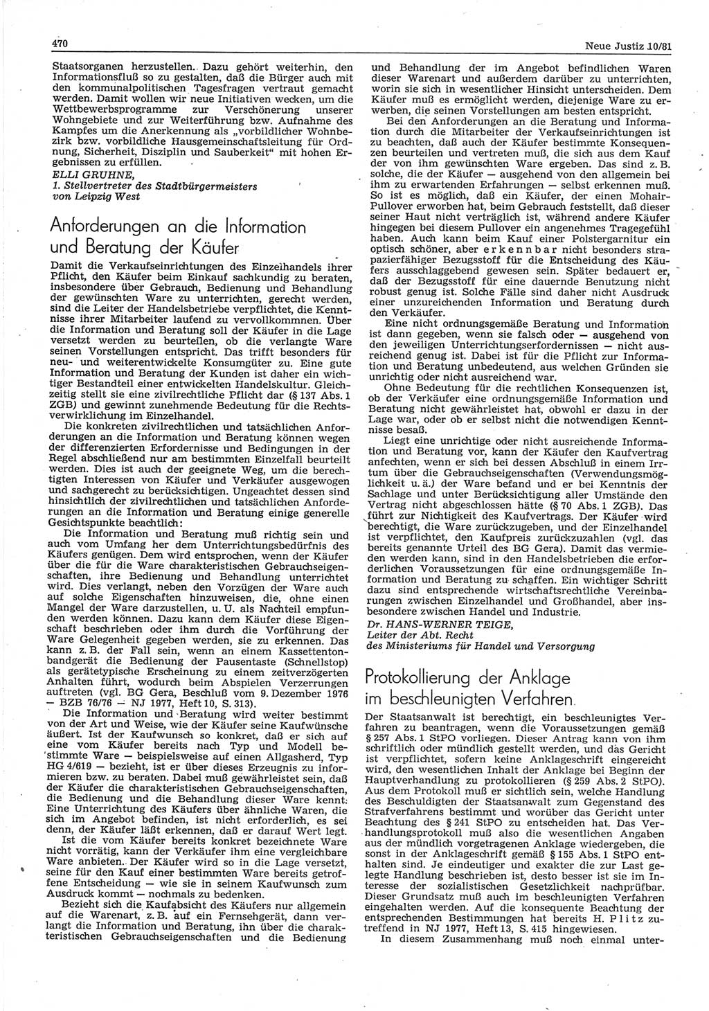Neue Justiz (NJ), Zeitschrift für sozialistisches Recht und Gesetzlichkeit [Deutsche Demokratische Republik (DDR)], 35. Jahrgang 1981, Seite 470 (NJ DDR 1981, S. 470)