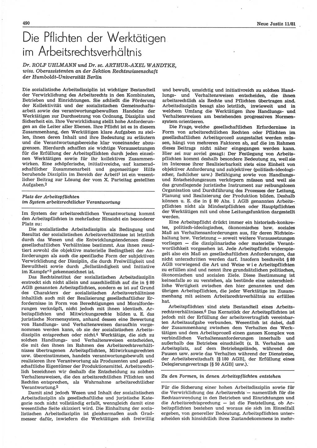 Neue Justiz (NJ), Zeitschrift für sozialistisches Recht und Gesetzlichkeit [Deutsche Demokratische Republik (DDR)], 35. Jahrgang 1981, Seite 490 (NJ DDR 1981, S. 490)