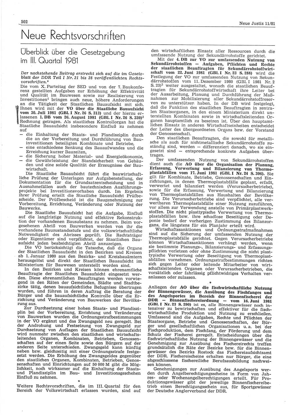 Neue Justiz (NJ), Zeitschrift für sozialistisches Recht und Gesetzlichkeit [Deutsche Demokratische Republik (DDR)], 35. Jahrgang 1981, Seite 502 (NJ DDR 1981, S. 502)