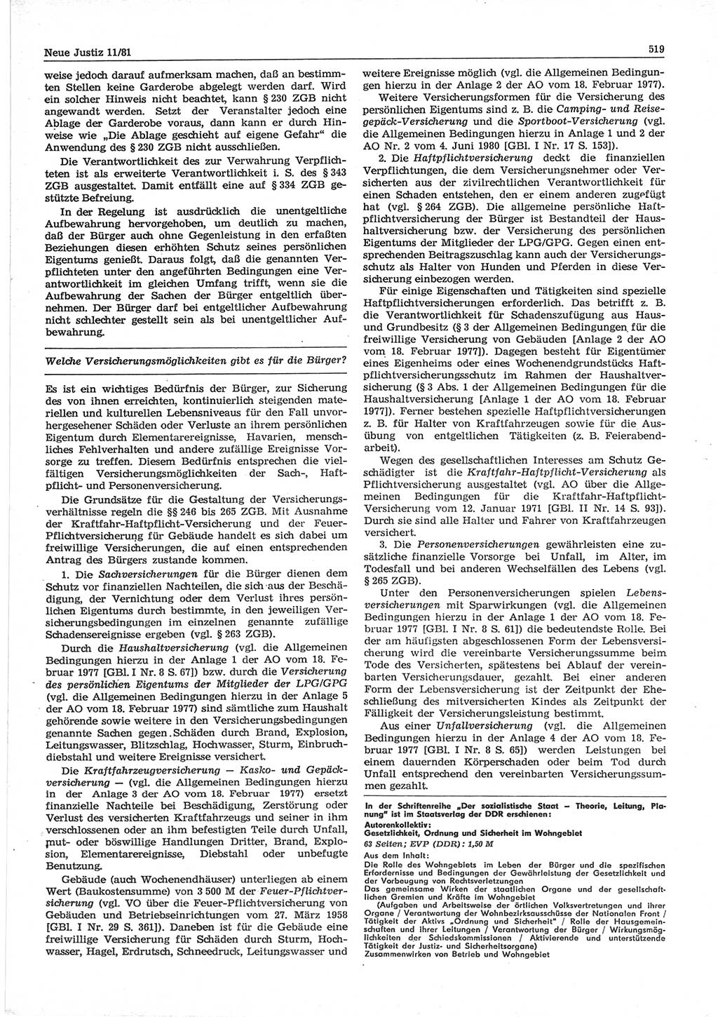 Neue Justiz (NJ), Zeitschrift für sozialistisches Recht und Gesetzlichkeit [Deutsche Demokratische Republik (DDR)], 35. Jahrgang 1981, Seite 519 (NJ DDR 1981, S. 519)