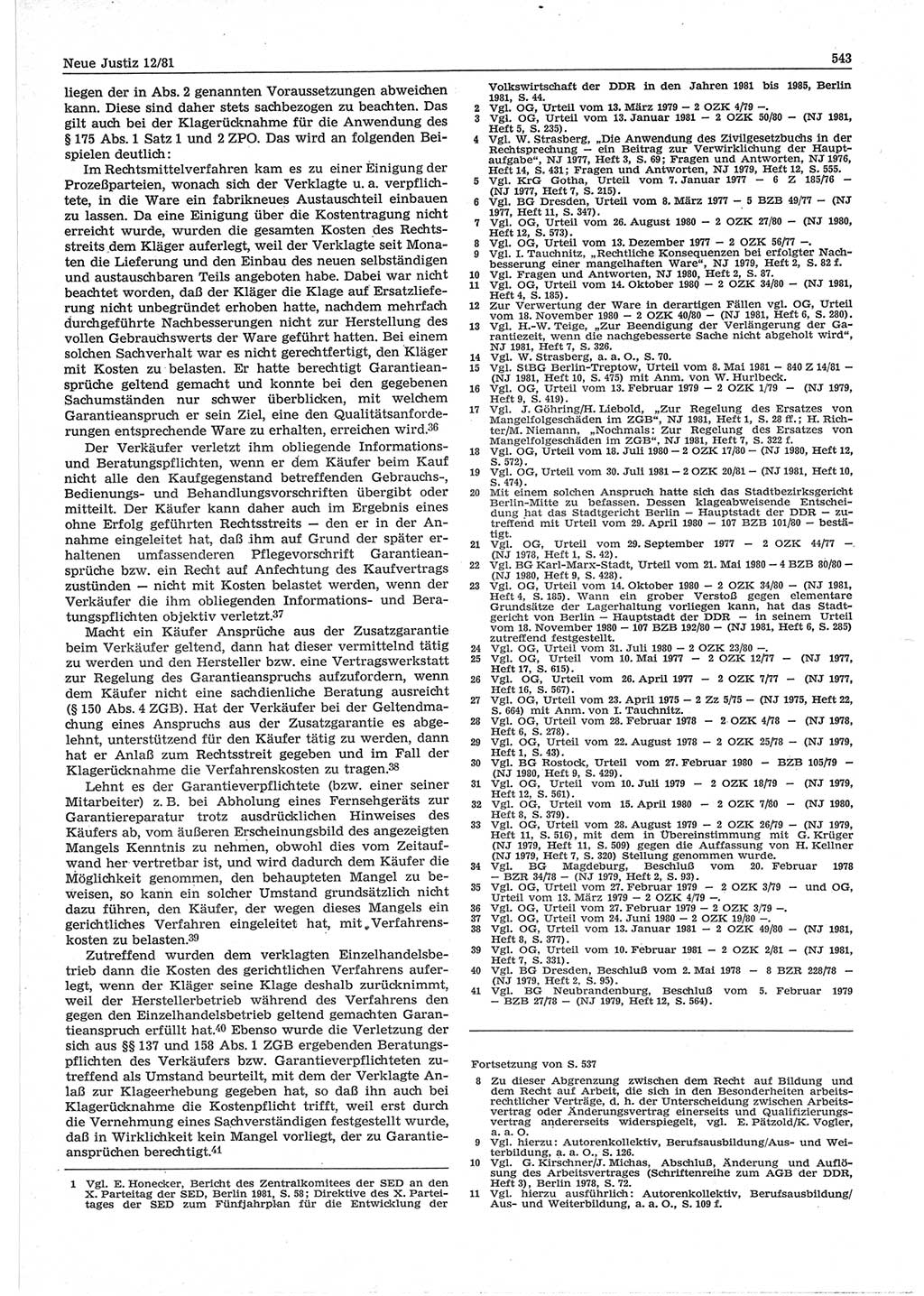 Neue Justiz (NJ), Zeitschrift für sozialistisches Recht und Gesetzlichkeit [Deutsche Demokratische Republik (DDR)], 35. Jahrgang 1981, Seite 543 (NJ DDR 1981, S. 543)