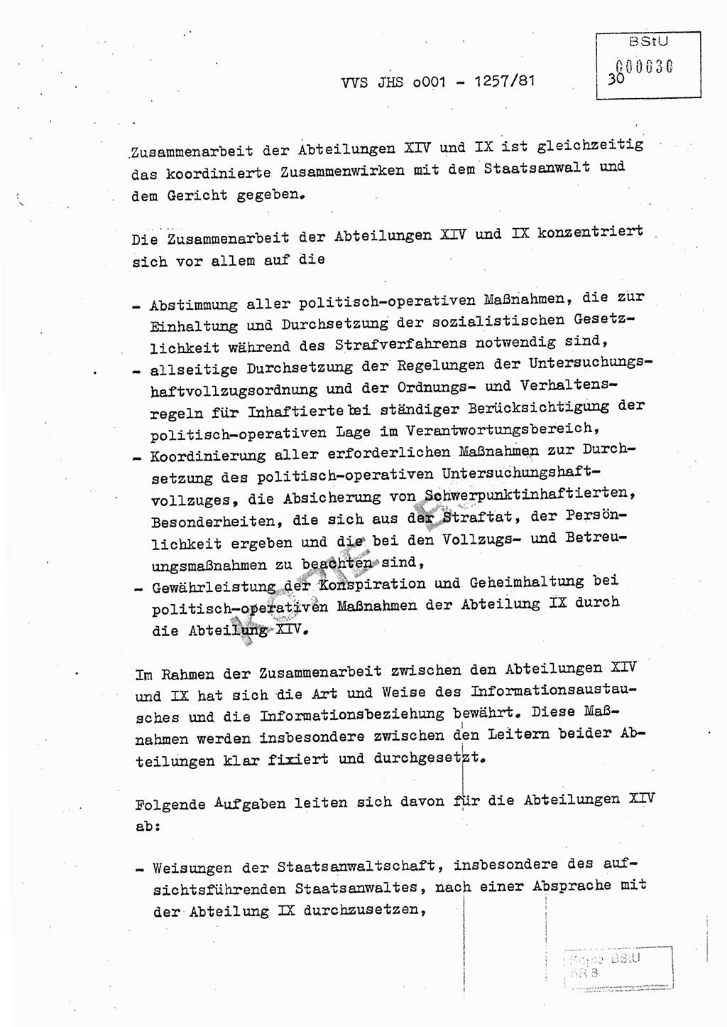 Fachschulabschlußarbeit Unterleutnant Dieter Möller (BV Rst. Abt. ⅩⅣ), Ministerium für Staatssicherheit (MfS) [Deutsche Demokratische Republik (DDR)], Juristische Hochschule (JHS), Vertrauliche Verschlußsache (VVS) o001-1257/81, Potsdam 1982, Seite 30 (FS-Abschl.-Arb. MfS DDR JHS VVS o001-1257/81 1982, S. 30)
