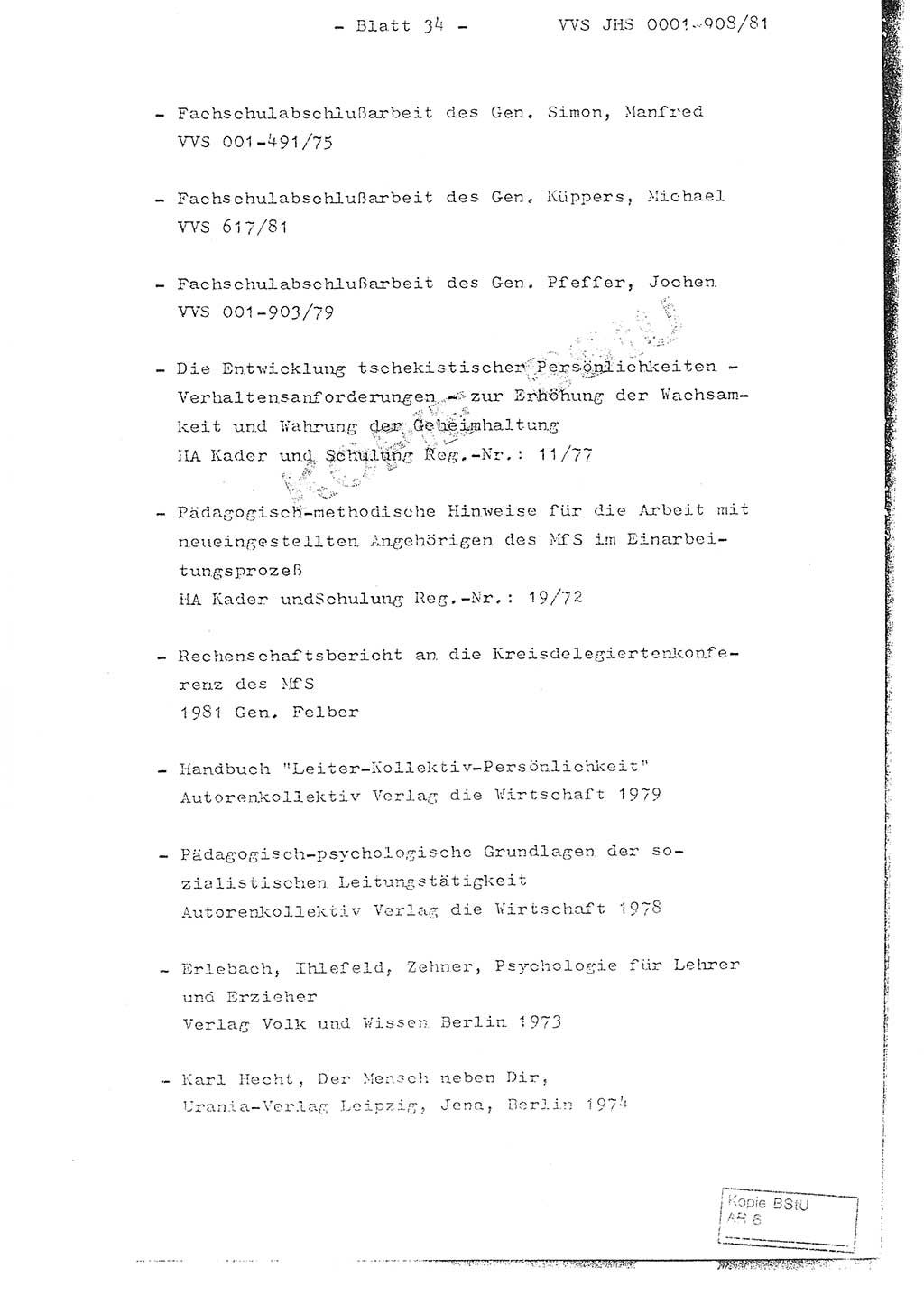 Fachschulabschlußarbeit Oberleutnant Wolfgang Wittmann (Abt. ⅩⅣ), Ministerium für Staatssicherheit (MfS) [Deutsche Demokratische Republik (DDR)], Juristische Hochschule (JHS), Vertrauliche Verschlußsache (VVS) o001-908/82, Potsdam 1982, Blatt 34 (FS-Abschl.-Arb. MfS DDR JHS VVS o001-908/82 1982, Bl. 34)