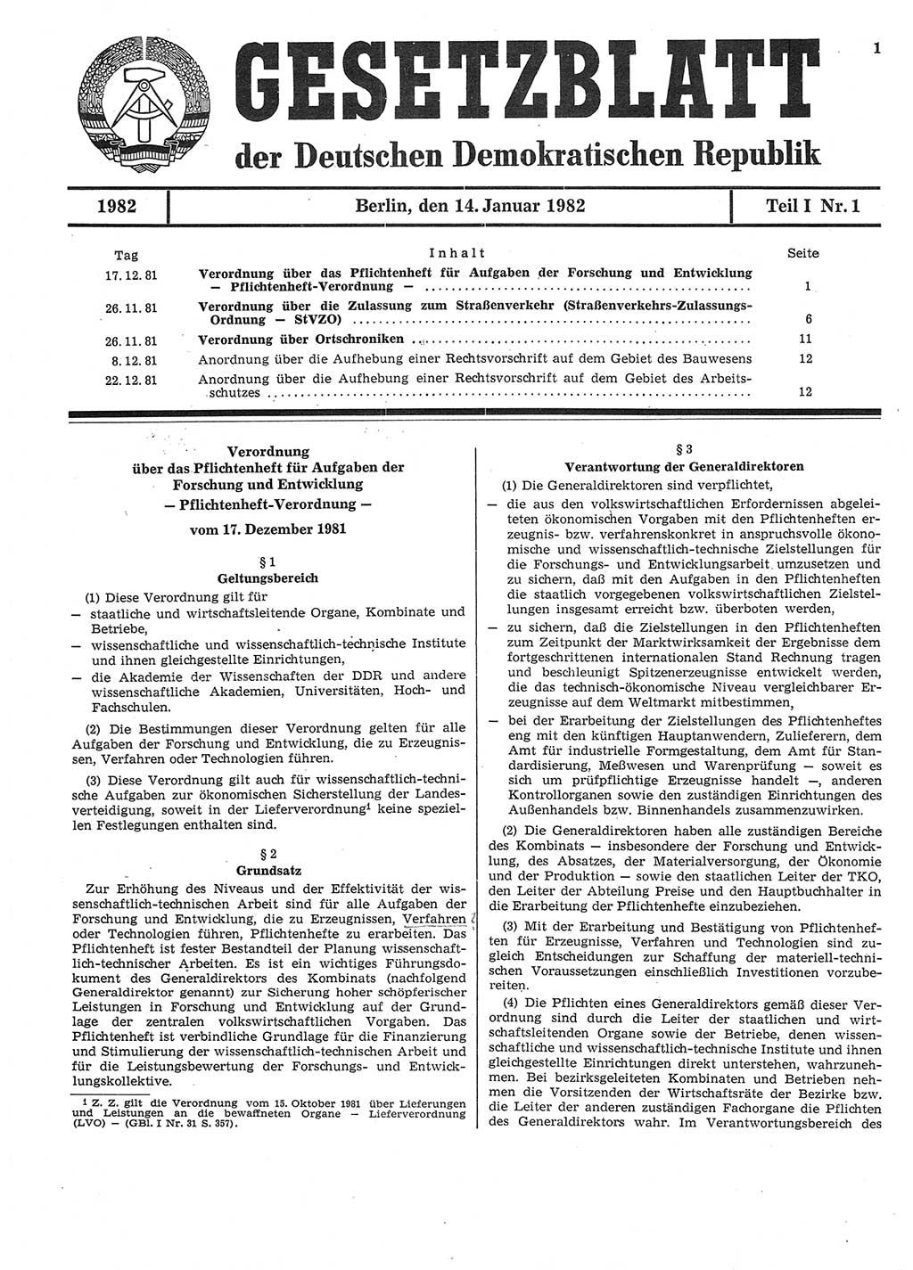 Gesetzblatt (GBl.) der Deutschen Demokratischen Republik (DDR) Teil Ⅰ 1982, Seite 1 (GBl. DDR Ⅰ 1982, S. 1)