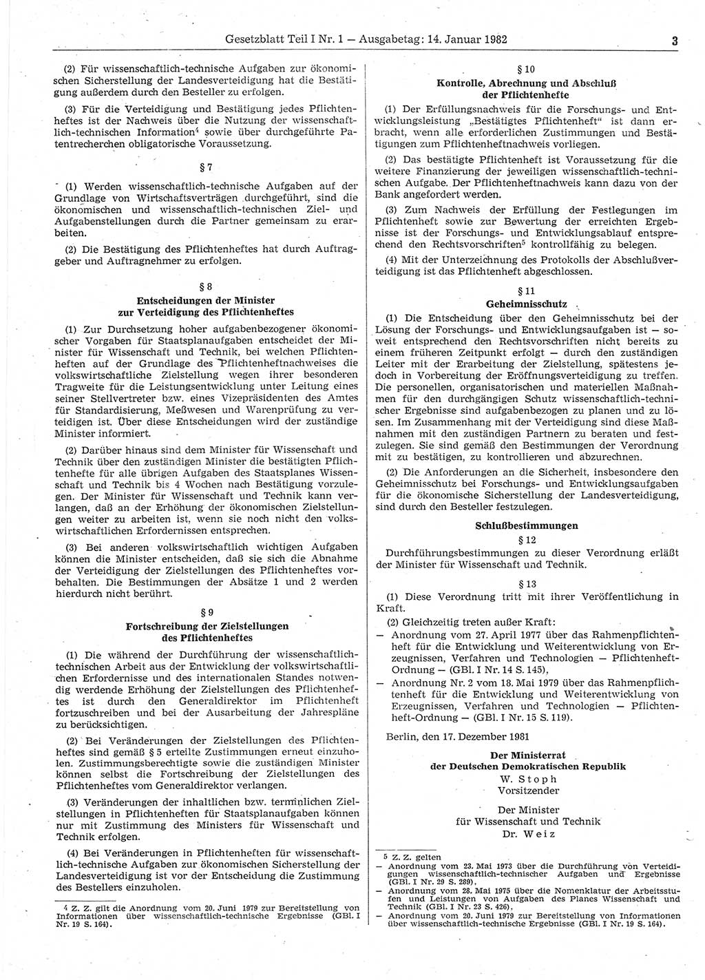 Gesetzblatt (GBl.) der Deutschen Demokratischen Republik (DDR) Teil Ⅰ 1982, Seite 3 (GBl. DDR Ⅰ 1982, S. 3)