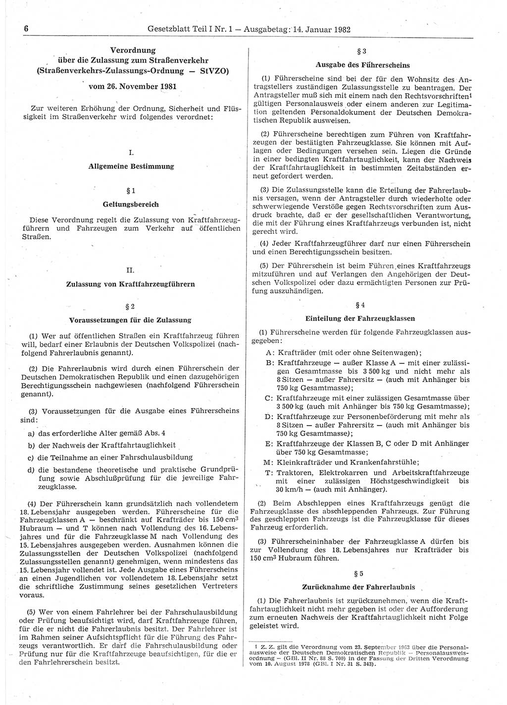Gesetzblatt (GBl.) der Deutschen Demokratischen Republik (DDR) Teil Ⅰ 1982, Seite 6 (GBl. DDR Ⅰ 1982, S. 6)