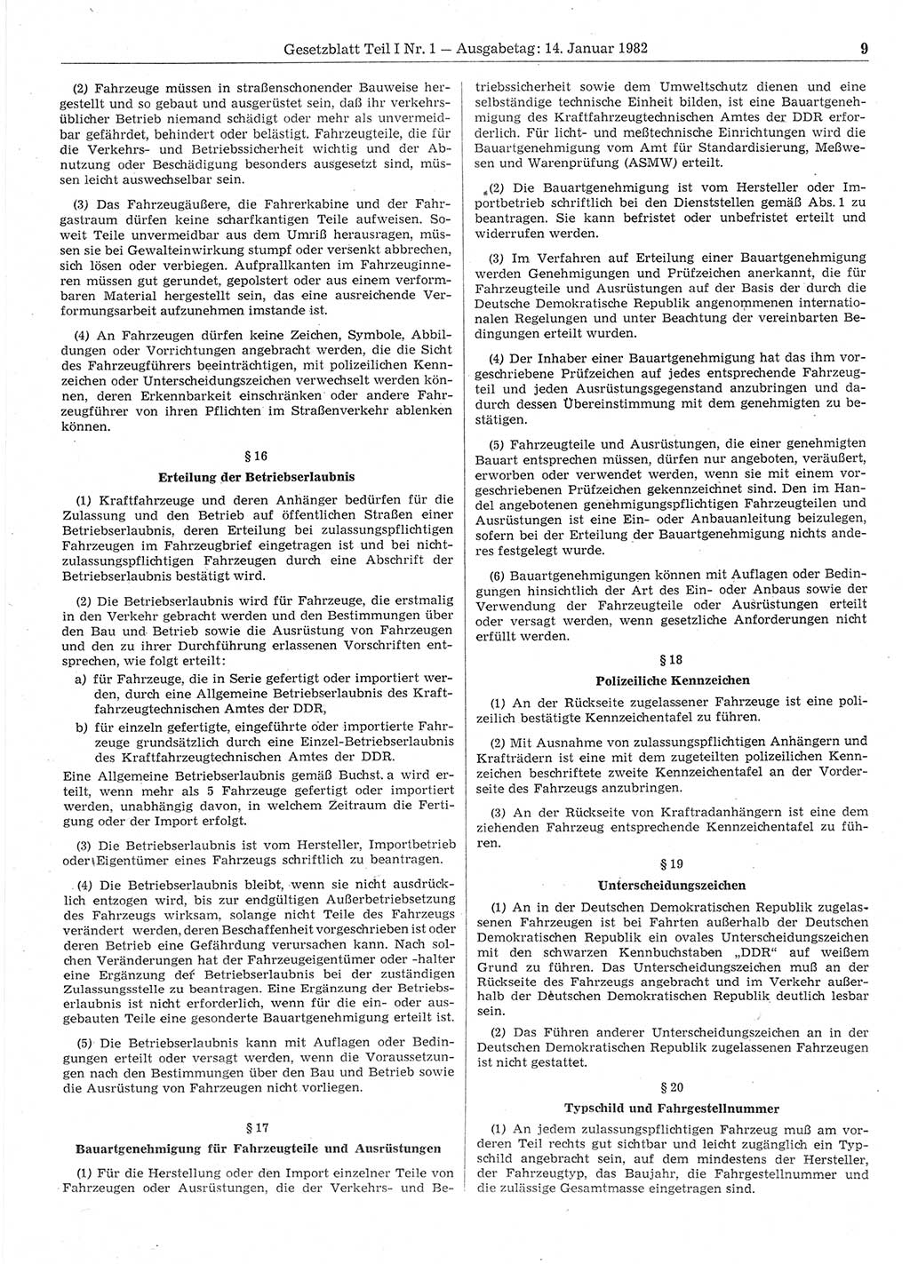 Gesetzblatt (GBl.) der Deutschen Demokratischen Republik (DDR) Teil Ⅰ 1982, Seite 9 (GBl. DDR Ⅰ 1982, S. 9)