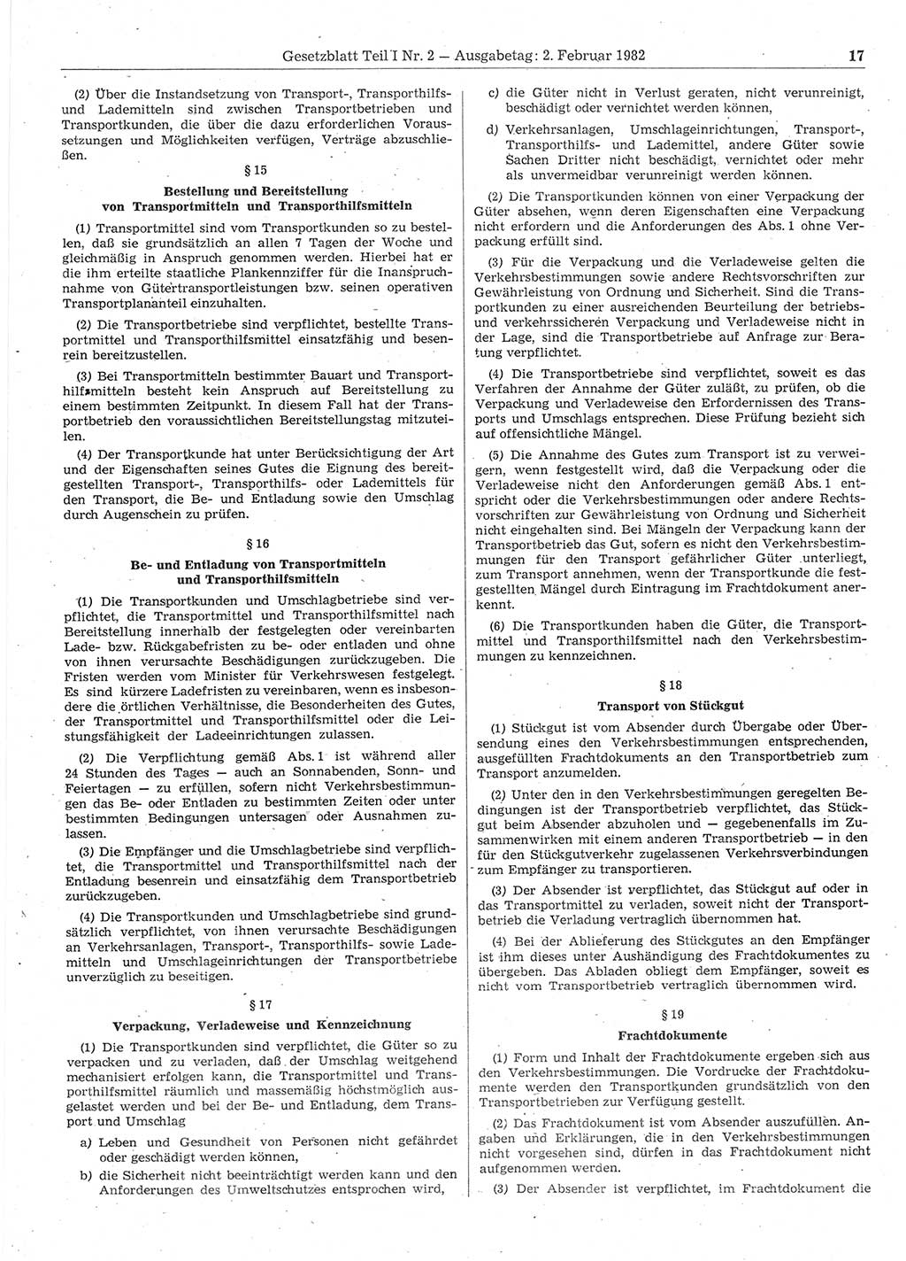 Gesetzblatt (GBl.) der Deutschen Demokratischen Republik (DDR) Teil Ⅰ 1982, Seite 17 (GBl. DDR Ⅰ 1982, S. 17)