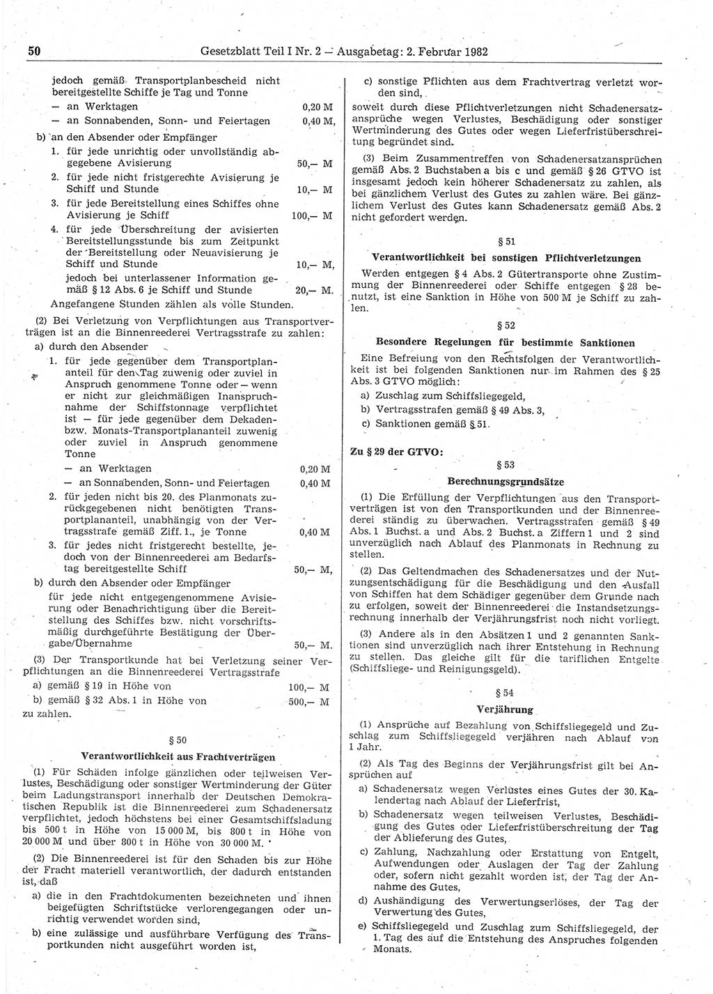 Gesetzblatt (GBl.) der Deutschen Demokratischen Republik (DDR) Teil Ⅰ 1982, Seite 50 (GBl. DDR Ⅰ 1982, S. 50)