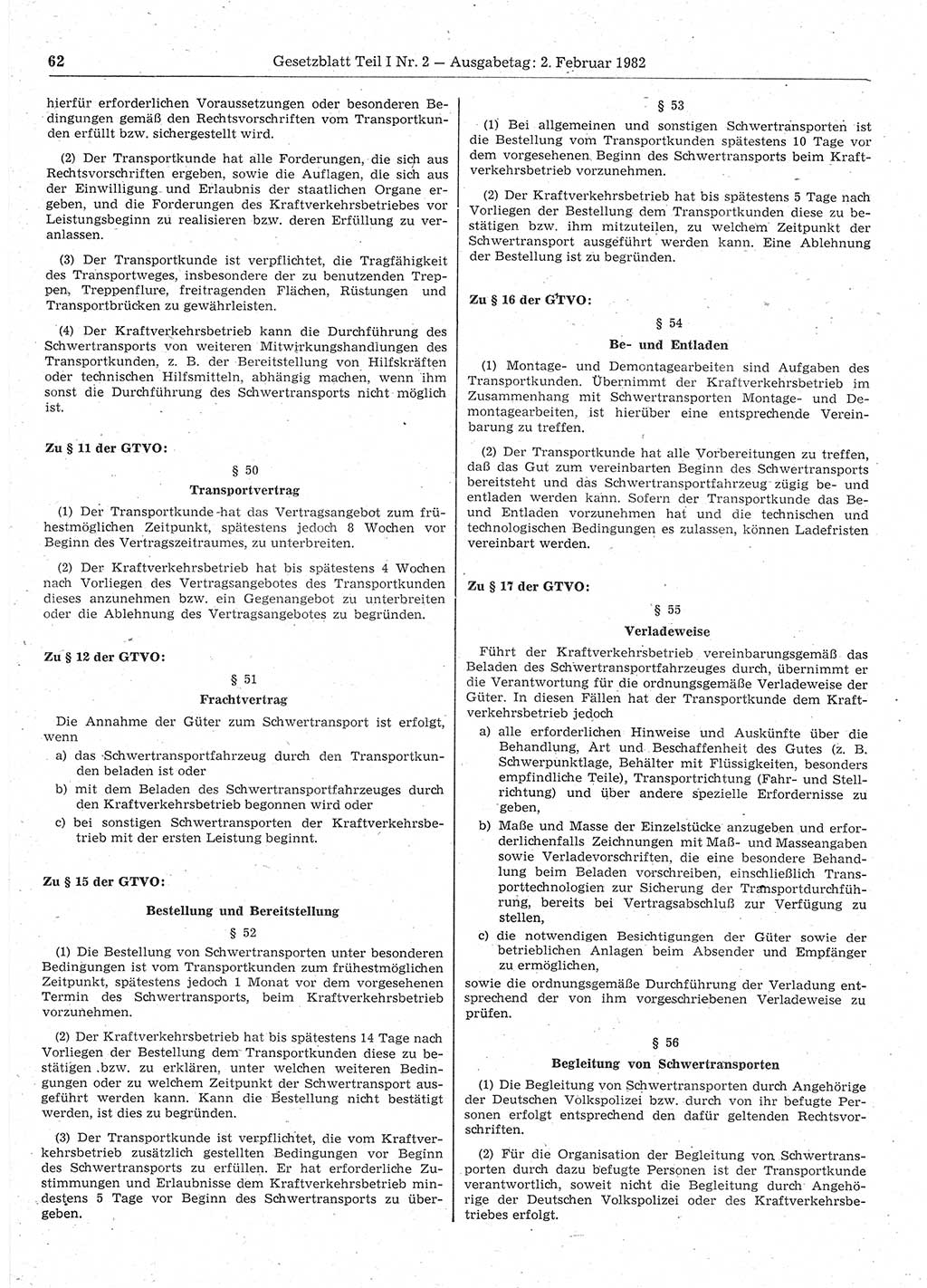 Gesetzblatt (GBl.) der Deutschen Demokratischen Republik (DDR) Teil Ⅰ 1982, Seite 62 (GBl. DDR Ⅰ 1982, S. 62)