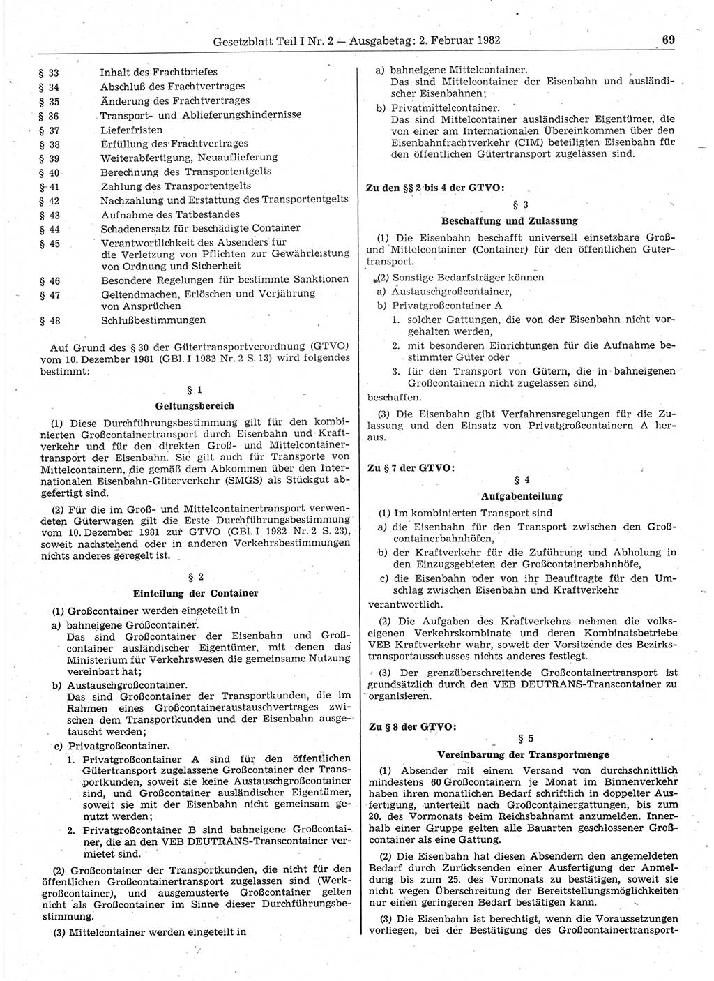 Gesetzblatt (GBl.) der Deutschen Demokratischen Republik (DDR) Teil Ⅰ 1982, Seite 69 (GBl. DDR Ⅰ 1982, S. 69)