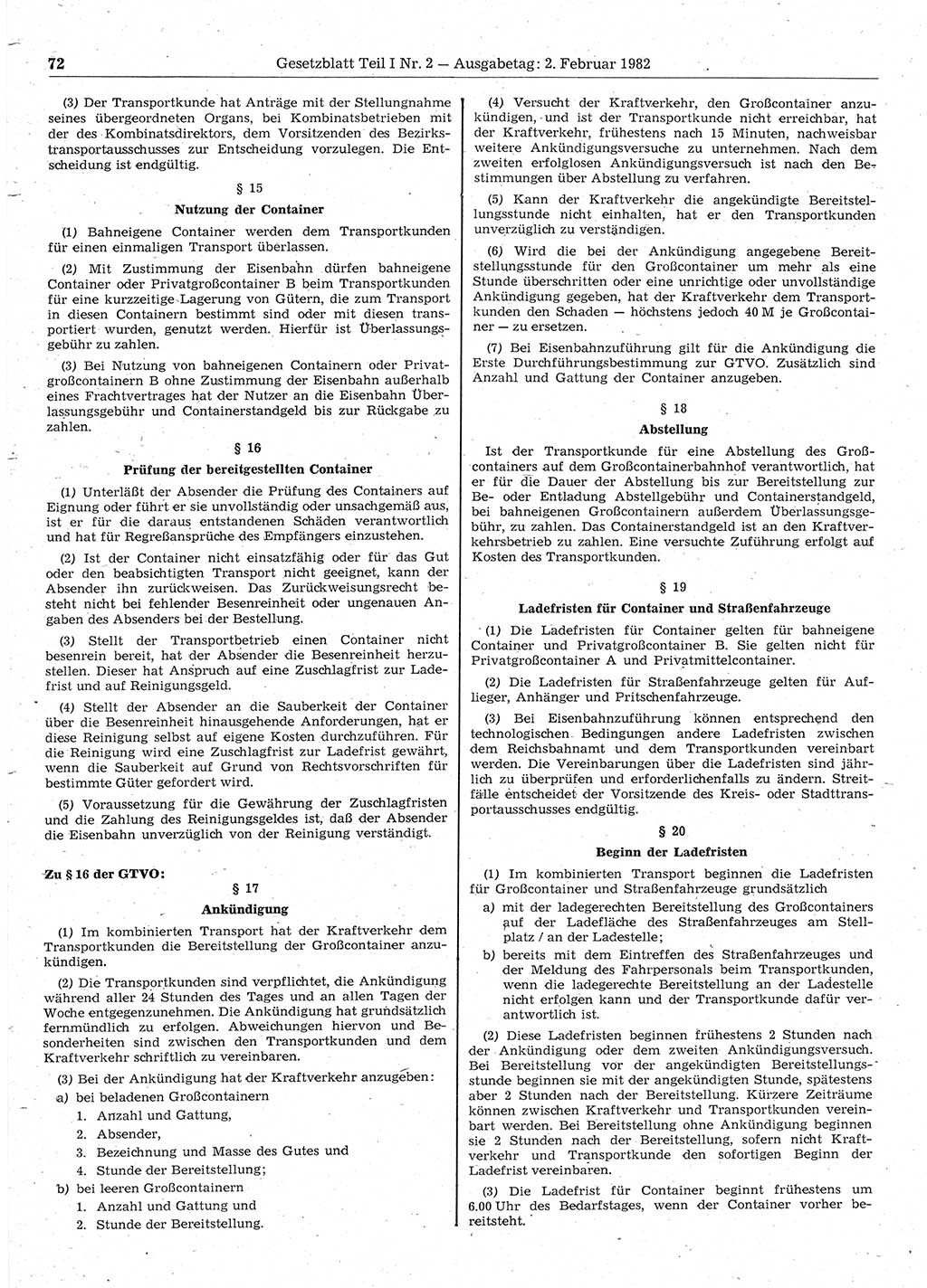 Gesetzblatt (GBl.) der Deutschen Demokratischen Republik (DDR) Teil Ⅰ 1982, Seite 72 (GBl. DDR Ⅰ 1982, S. 72)