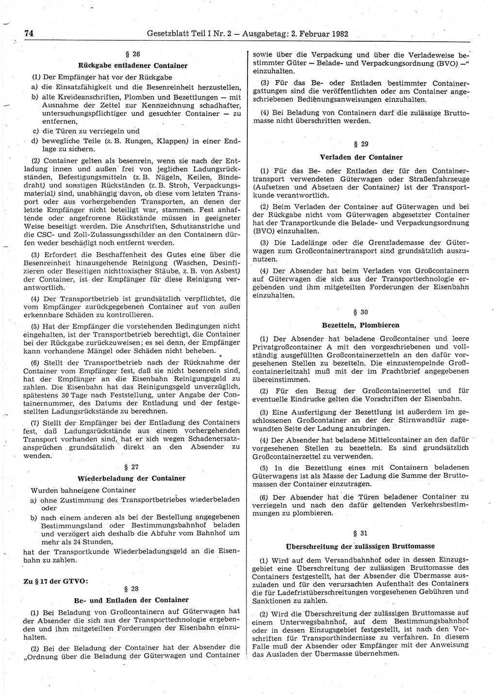 Gesetzblatt (GBl.) der Deutschen Demokratischen Republik (DDR) Teil Ⅰ 1982, Seite 74 (GBl. DDR Ⅰ 1982, S. 74)
