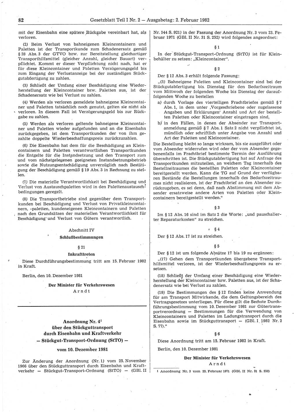 Gesetzblatt (GBl.) der Deutschen Demokratischen Republik (DDR) Teil Ⅰ 1982, Seite 82 (GBl. DDR Ⅰ 1982, S. 82)