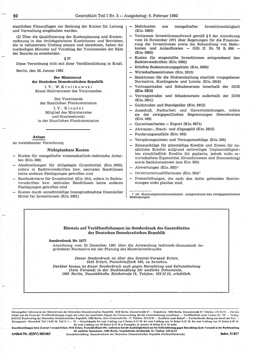 Gesetzblatt (GBl.) der Deutschen Demokratischen Republik (DDR) Teil Ⅰ 1982, Seite 92 (GBl. DDR Ⅰ 1982, S. 92)