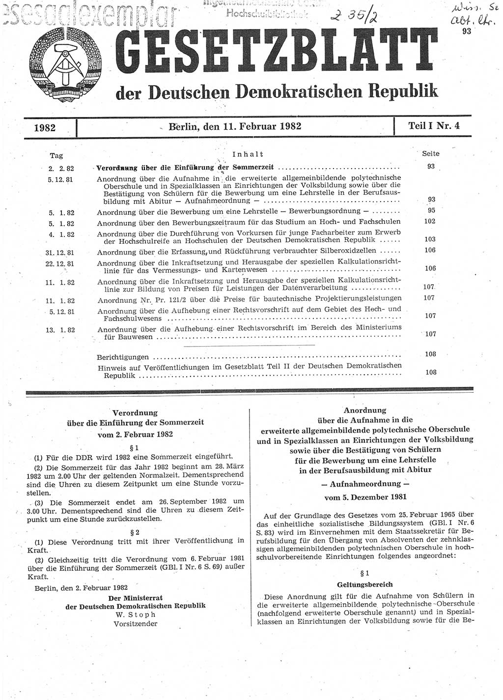 Gesetzblatt (GBl.) der Deutschen Demokratischen Republik (DDR) Teil Ⅰ 1982, Seite 93 (GBl. DDR Ⅰ 1982, S. 93)