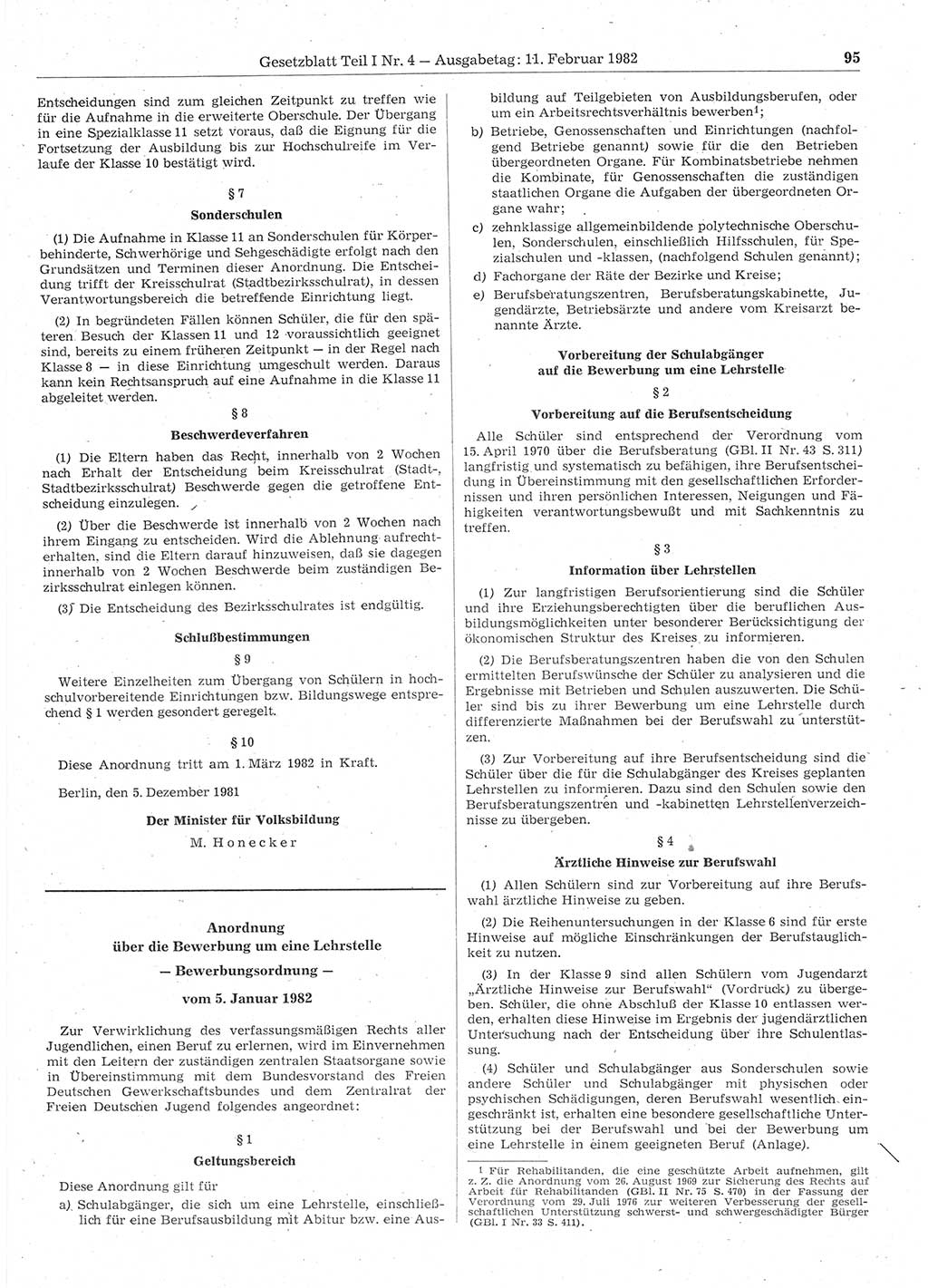 Gesetzblatt (GBl.) der Deutschen Demokratischen Republik (DDR) Teil Ⅰ 1982, Seite 95 (GBl. DDR Ⅰ 1982, S. 95)