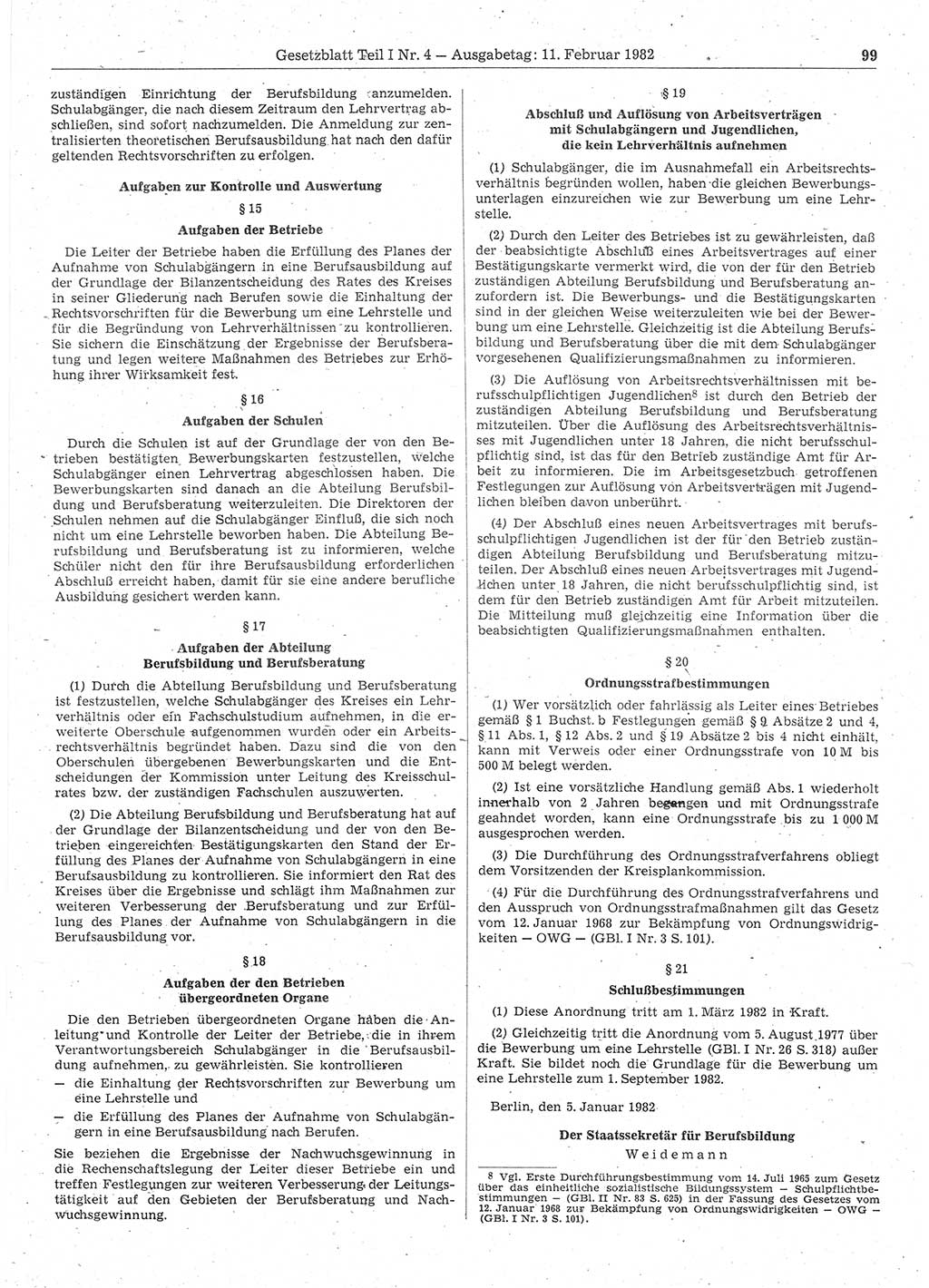 Gesetzblatt (GBl.) der Deutschen Demokratischen Republik (DDR) Teil Ⅰ 1982, Seite 99 (GBl. DDR Ⅰ 1982, S. 99)
