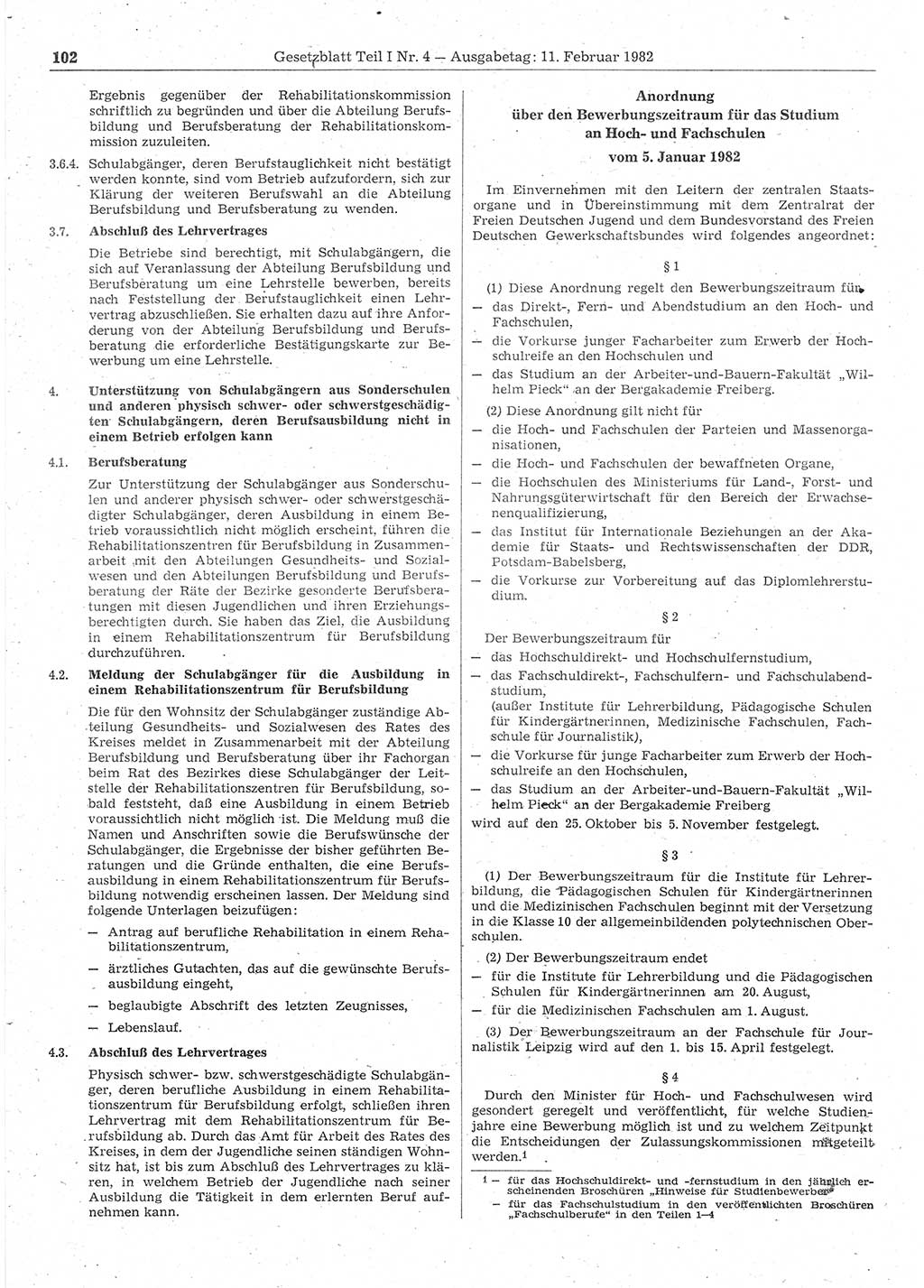 Gesetzblatt (GBl.) der Deutschen Demokratischen Republik (DDR) Teil Ⅰ 1982, Seite 102 (GBl. DDR Ⅰ 1982, S. 102)