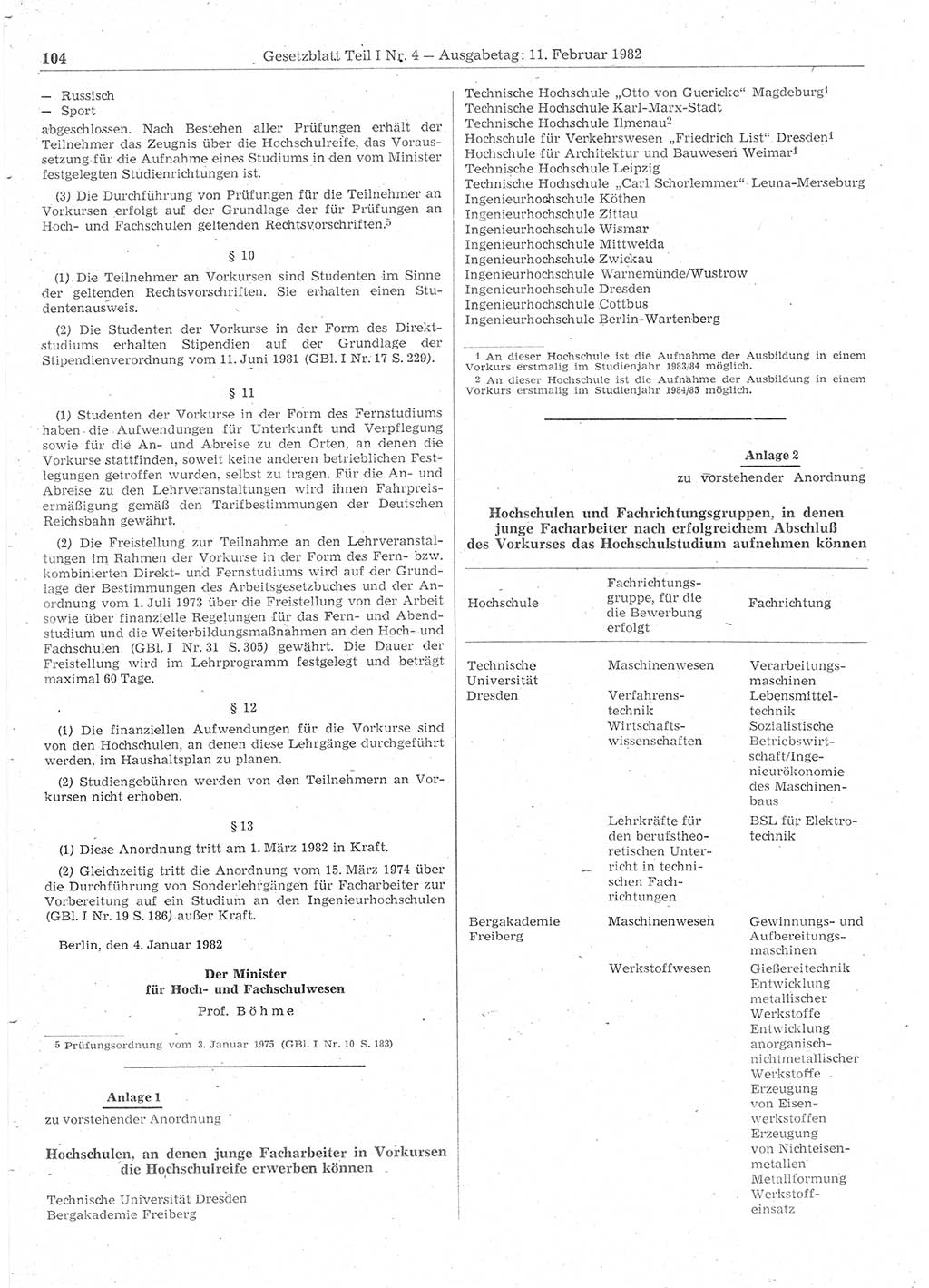 Gesetzblatt (GBl.) der Deutschen Demokratischen Republik (DDR) Teil Ⅰ 1982, Seite 104 (GBl. DDR Ⅰ 1982, S. 104)