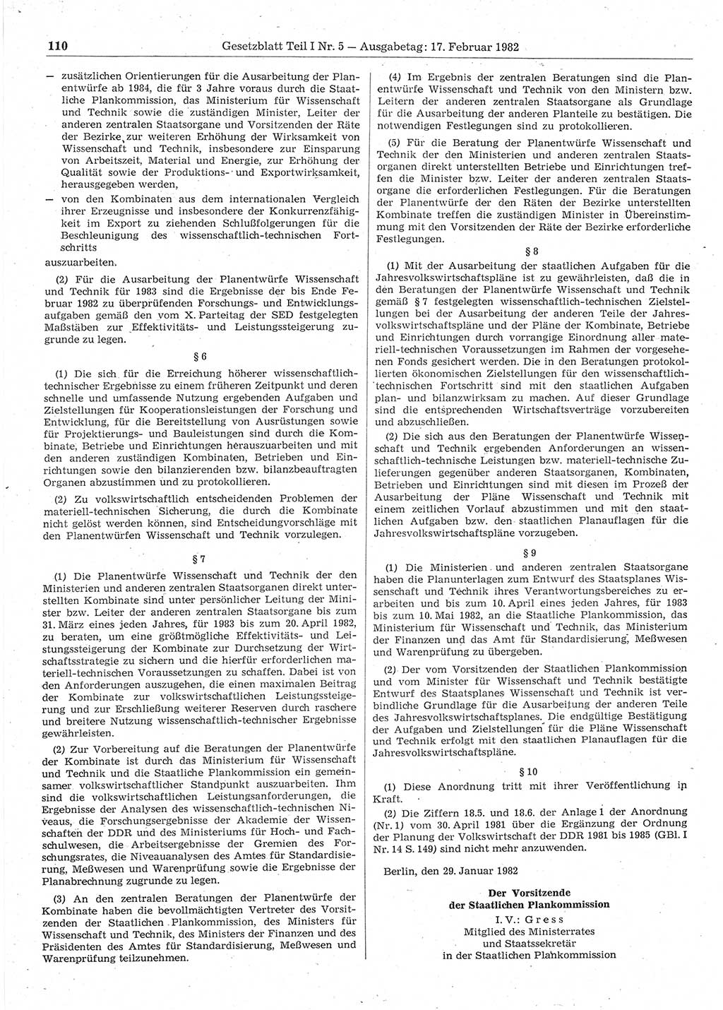 Gesetzblatt (GBl.) der Deutschen Demokratischen Republik (DDR) Teil Ⅰ 1982, Seite 110 (GBl. DDR Ⅰ 1982, S. 110)