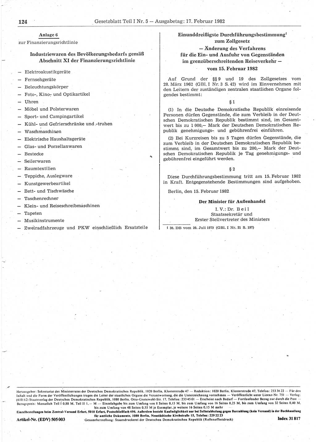 Gesetzblatt (GBl.) der Deutschen Demokratischen Republik (DDR) Teil Ⅰ 1982, Seite 124 (GBl. DDR Ⅰ 1982, S. 124)