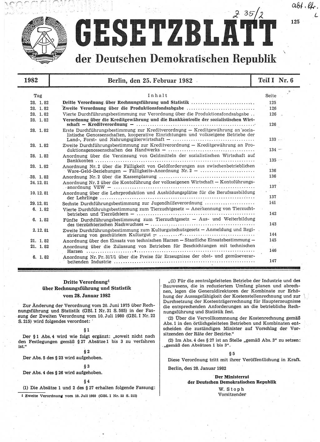 Gesetzblatt (GBl.) der Deutschen Demokratischen Republik (DDR) Teil Ⅰ 1982, Seite 125 (GBl. DDR Ⅰ 1982, S. 125)